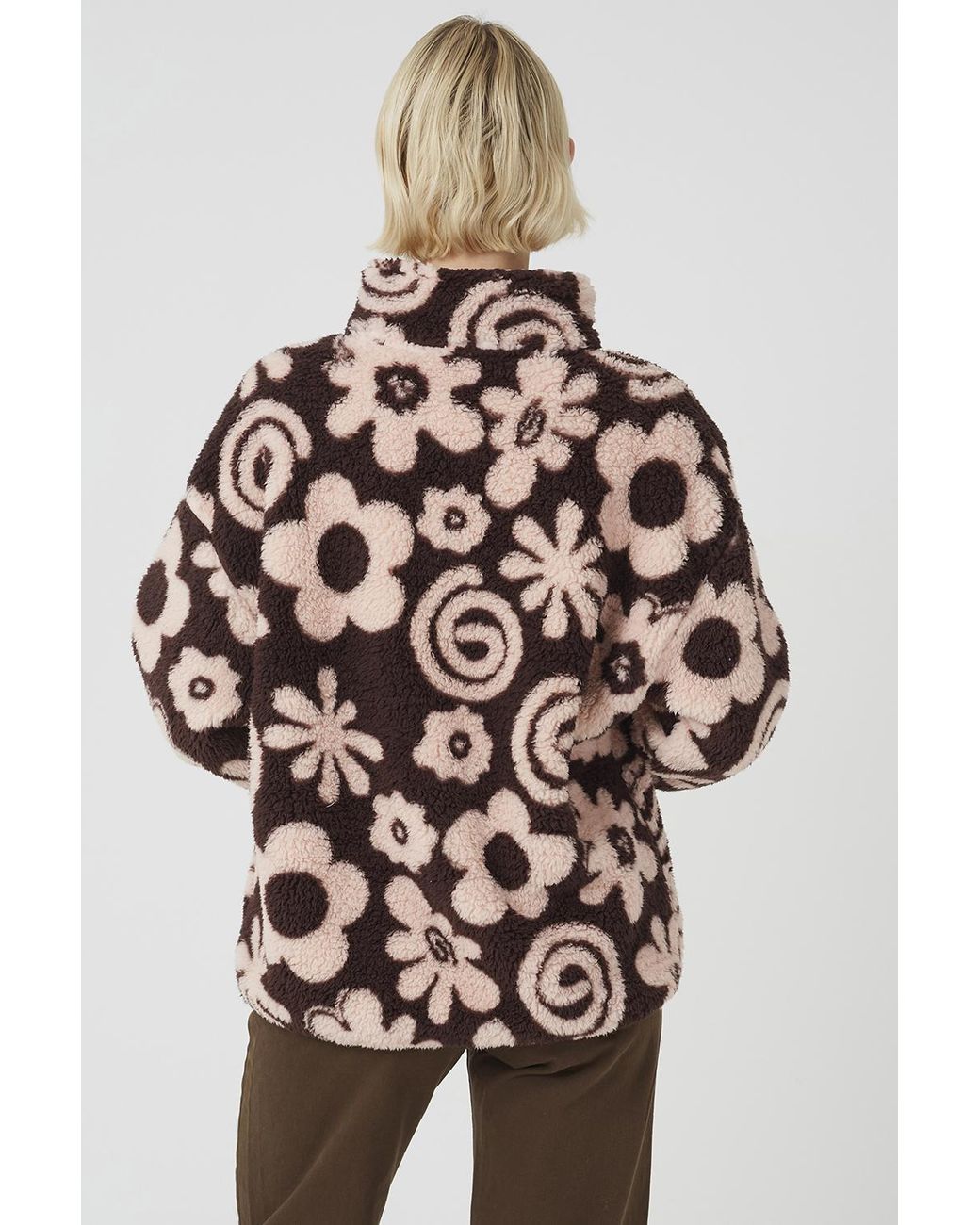 Brave Soul Pink Flower Print Sherpa Fleece Sweatshirt