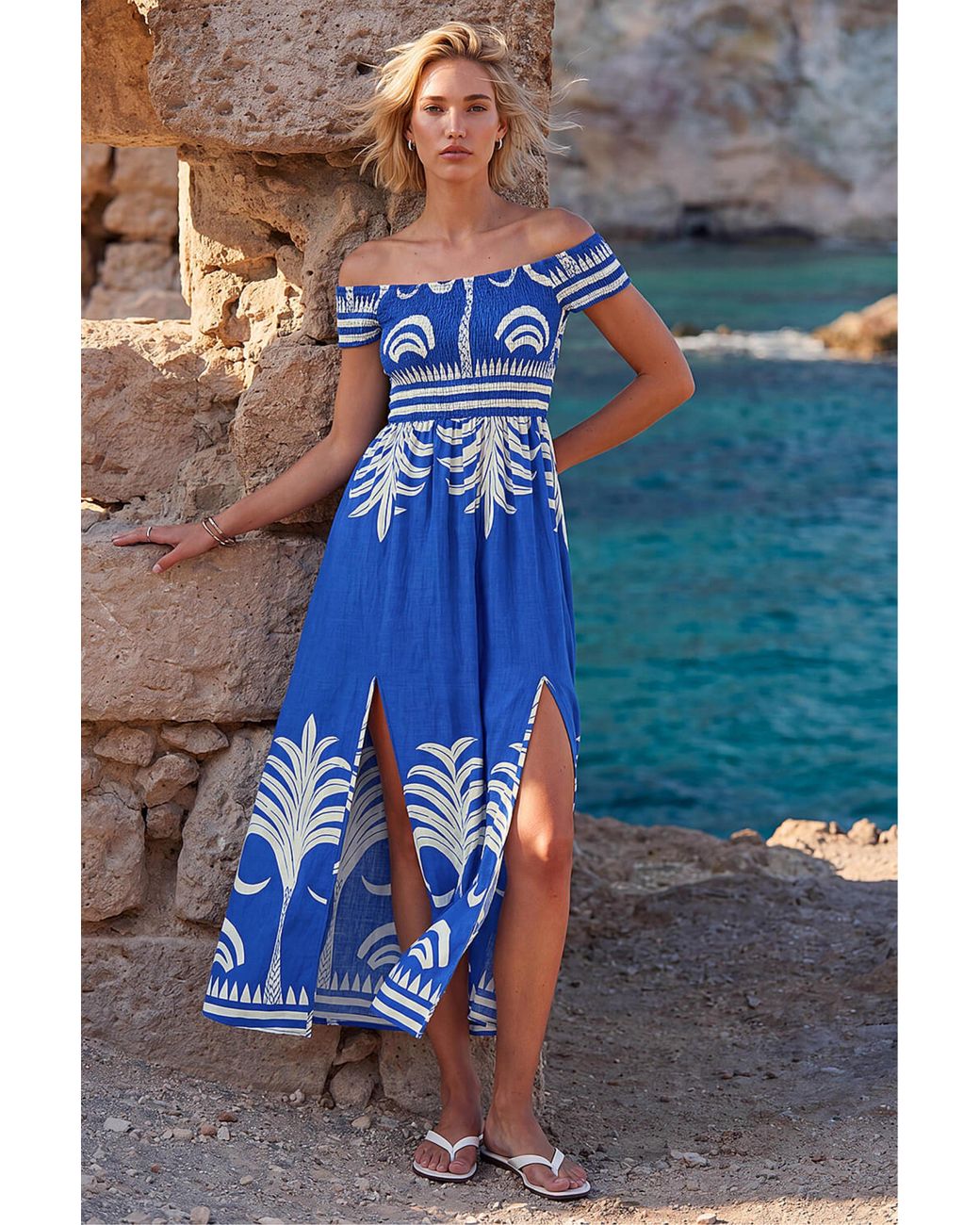 Roman Blue Leaf Print Shirred Bardot Dress