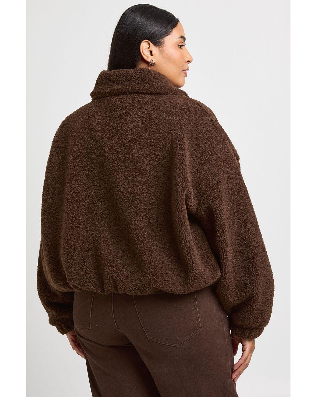 Boohoo Brown Plus Funnel Neck Teddy Bomber Jacket