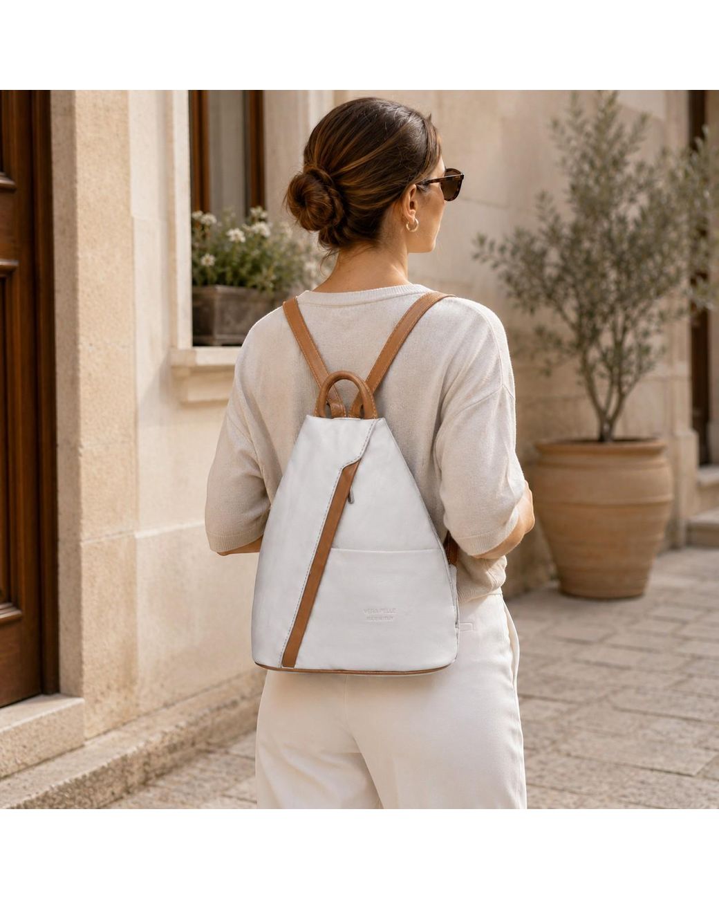 Woodland Leathers White Italian Leather Convertible Backpack Vera Pelle Anti-Theft Rucksack