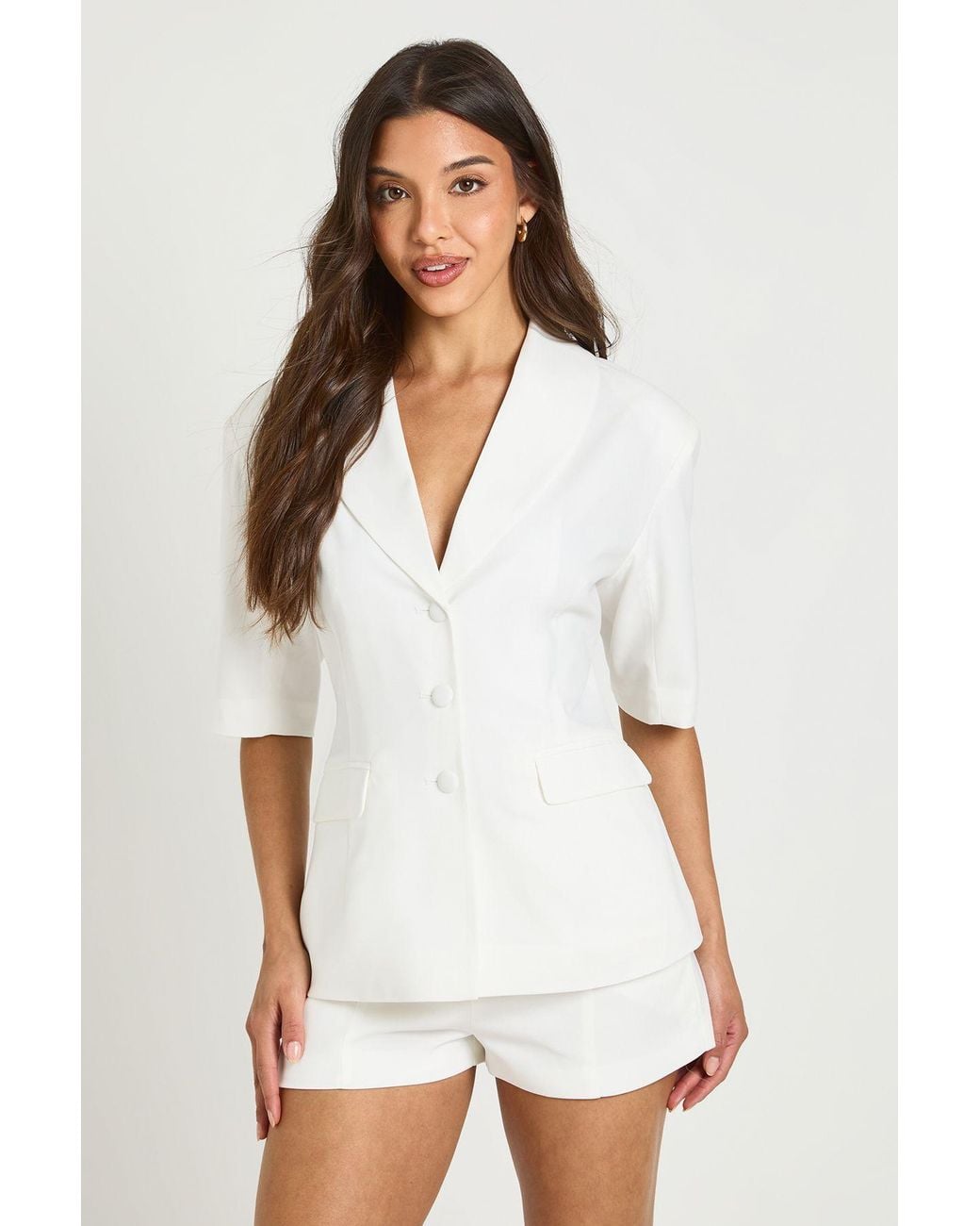 Boohoo White Cinched Button Front Puff Sleeve Blazer