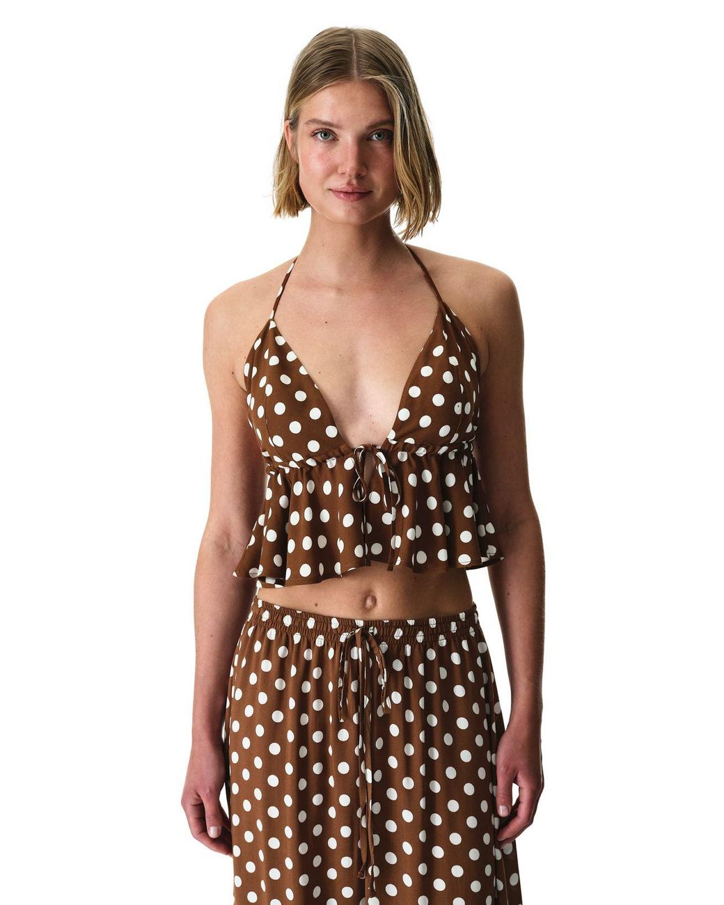 Penti Brown Polka Dot Halter Bikini Top With Ruffle