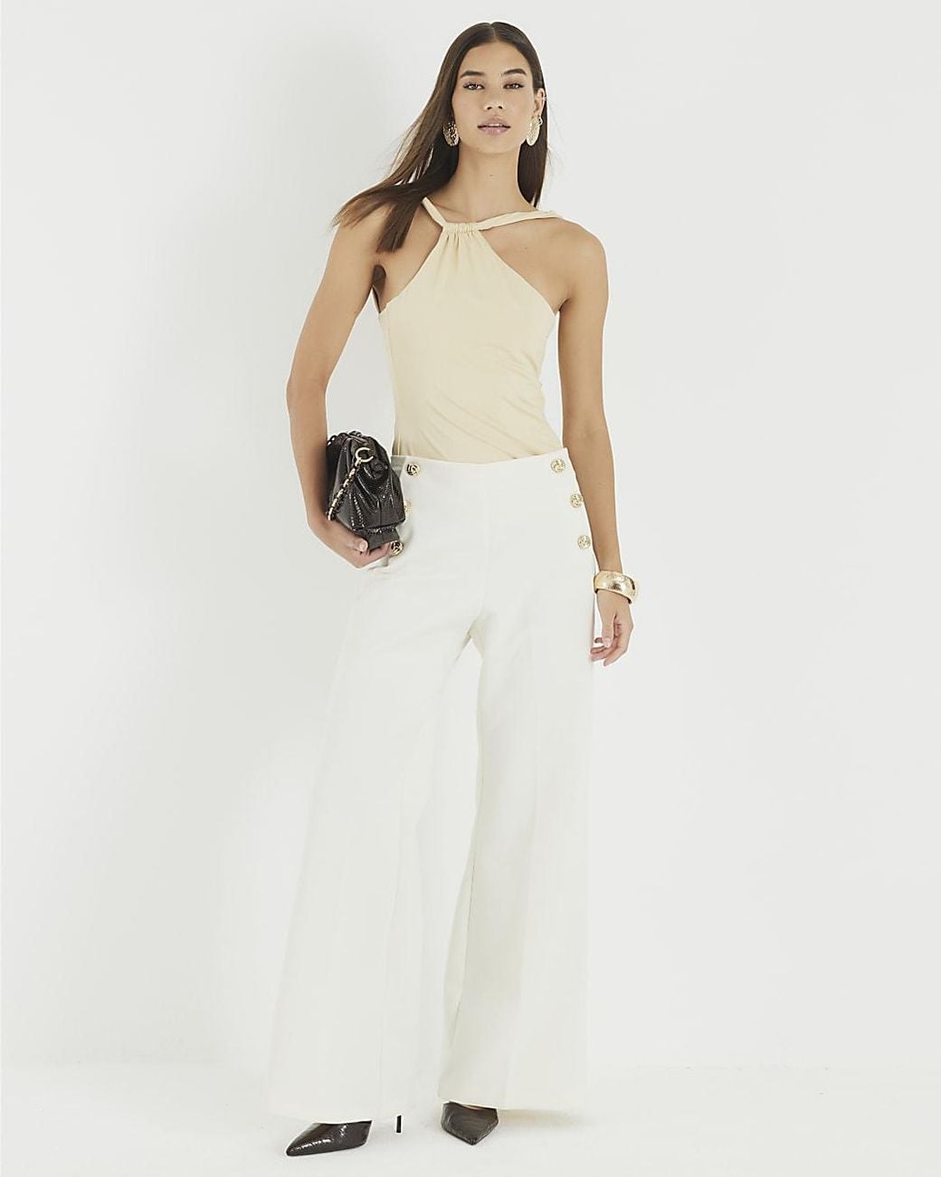 River Island White Wide Leg Trousers Button Front
