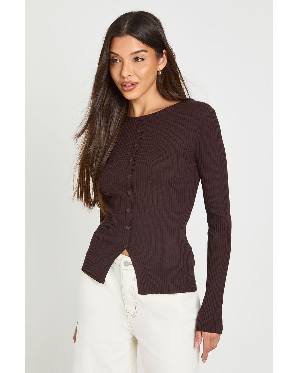 Boohoo Brown Soft Knit Rib Cardigan