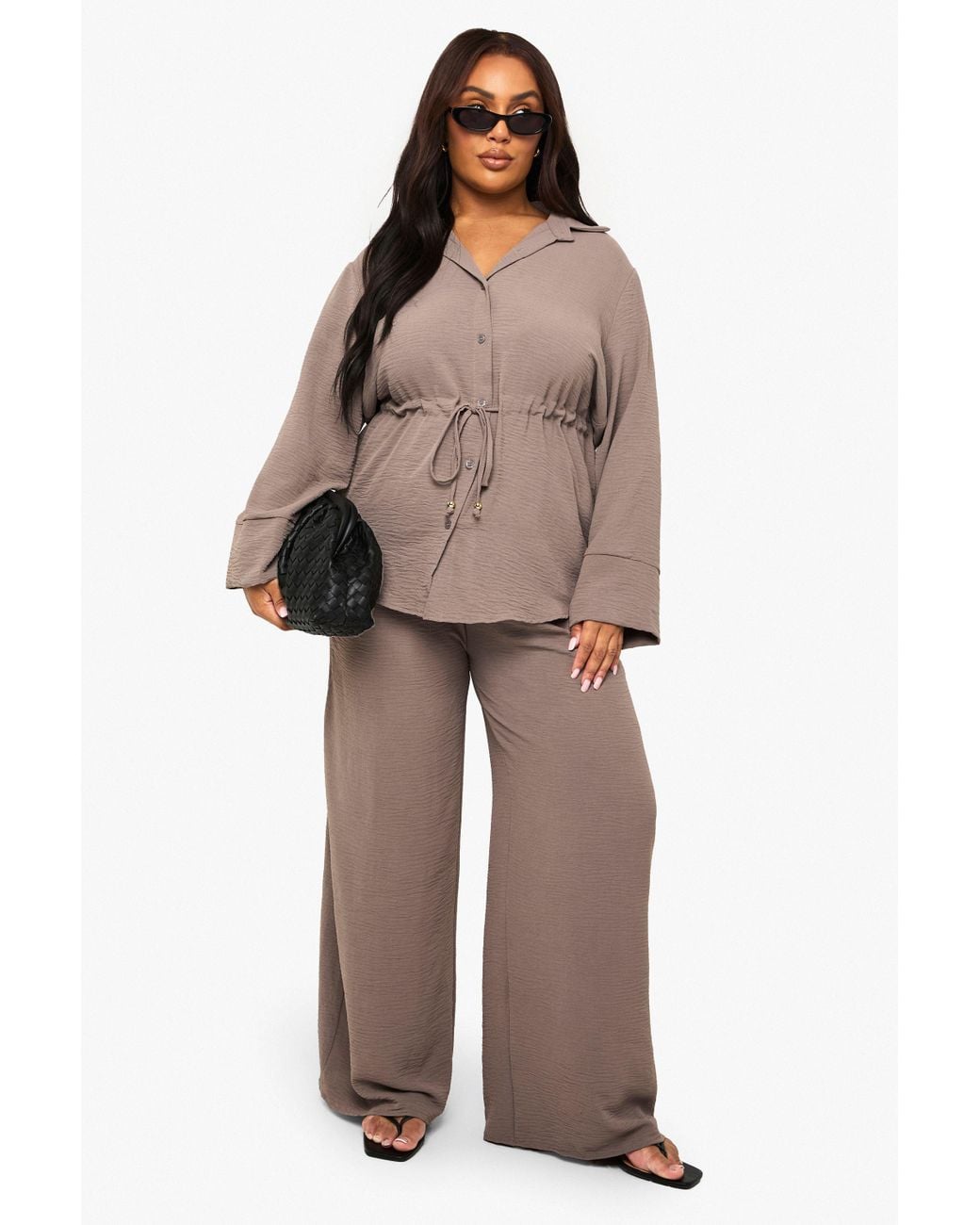 Boohoo Brown Plus Woven Tie Waist Shirt & Trouser Co Ord
