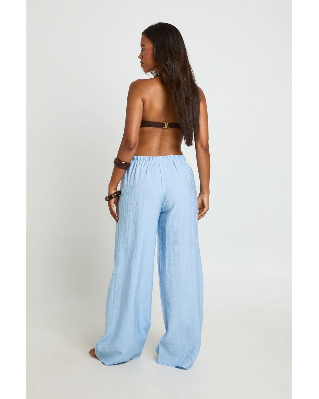 Boohoo Blue Linen Look Wide Leg Beach Trousers