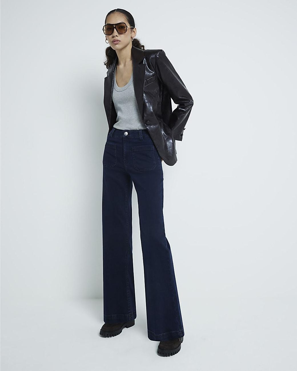 River Island Blue Wide Leg Jeans Pocket Front