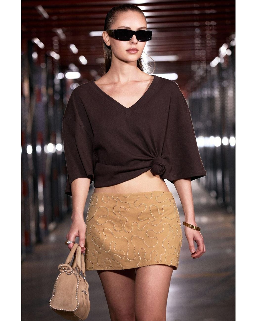 Grimelange Black Oversized V-Neck Tie Detail T-Shirt