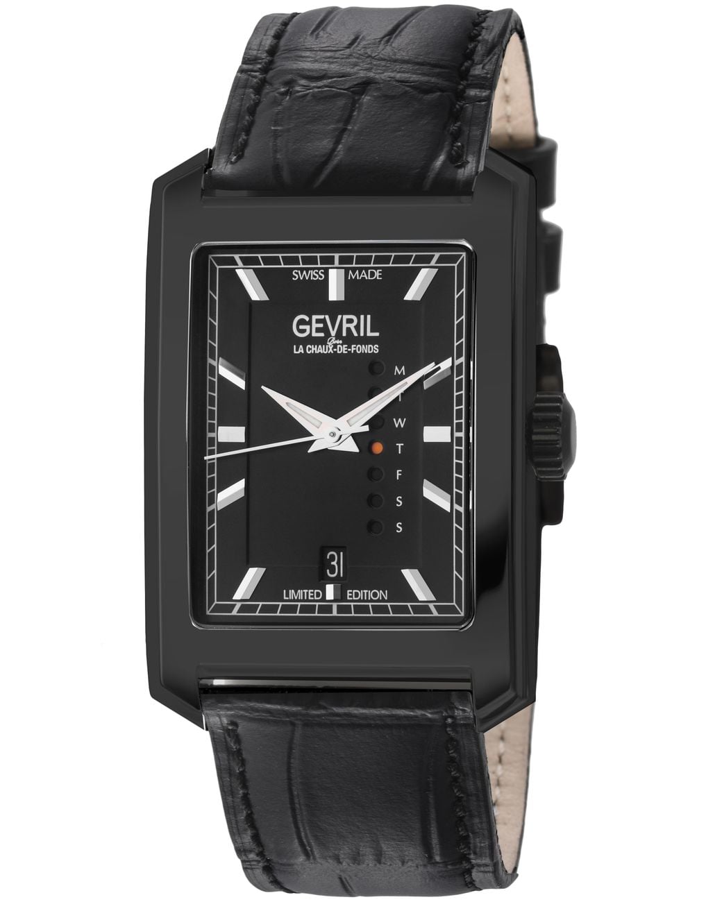 Gevril Black Manhattanhenge Automatic Stainless Steel Watch, Dial, Handmade Italian Leather Strap With Tang Buckle for men