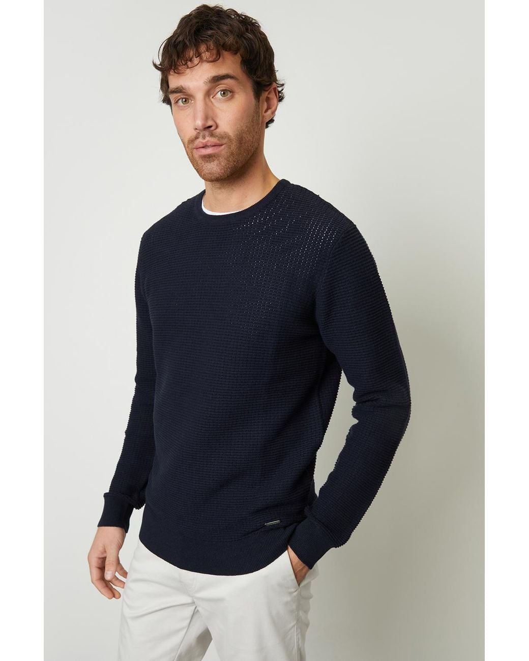 Threadbare Blue Crochet Knit Crew Neck Jumper for men