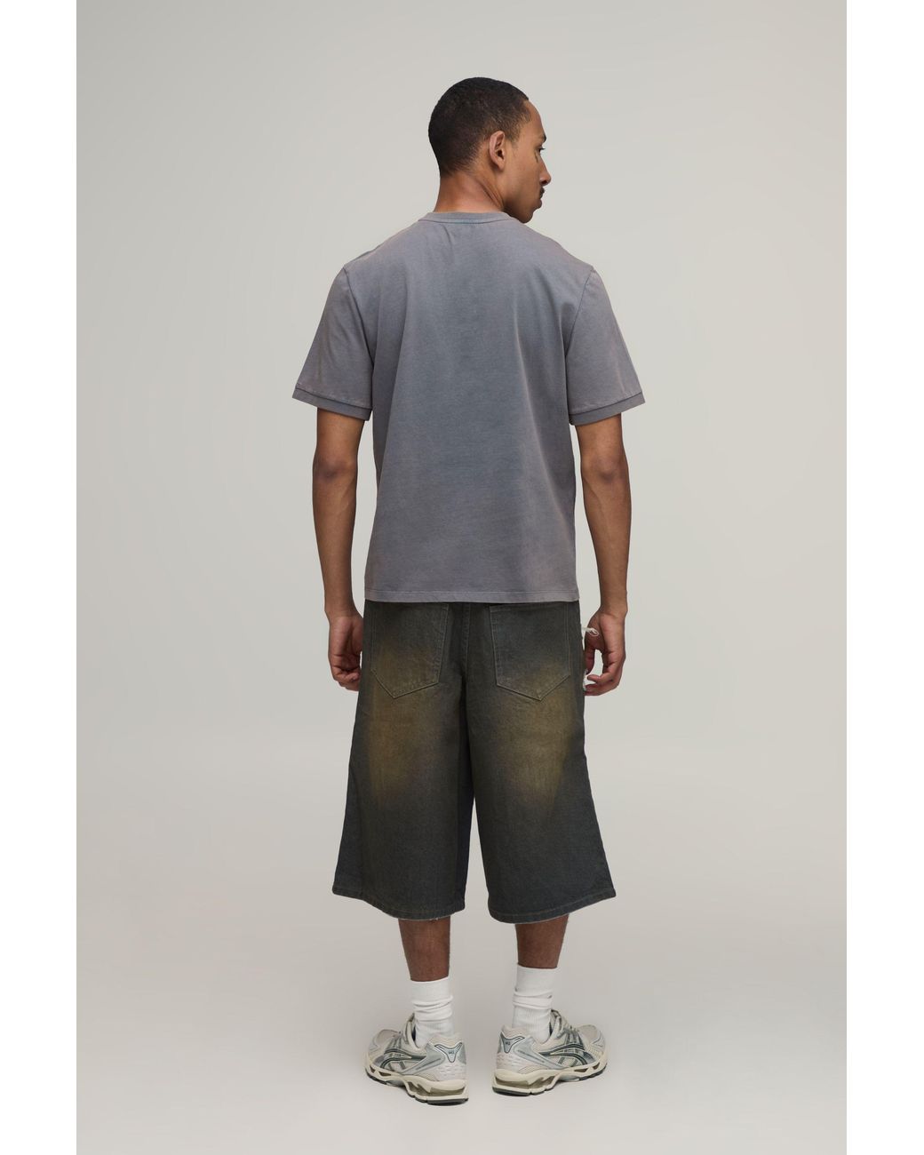 BoohooMAN Gray Tinted Extreme Ripped Longline Jorts for men