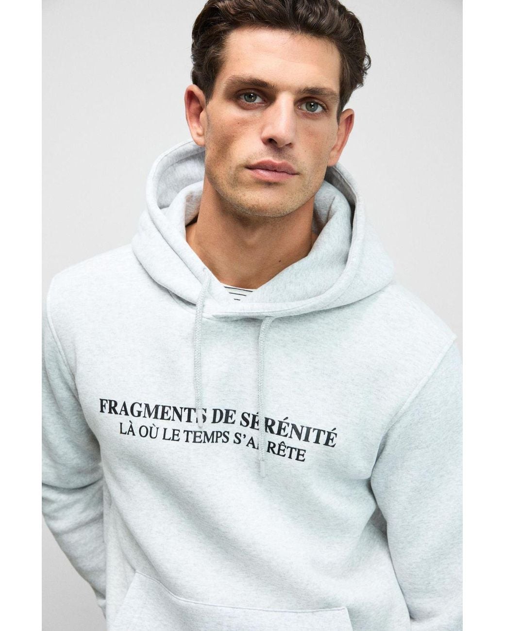 Grimelange Blue Printed Hooded Drawstring Sweatshirt for men