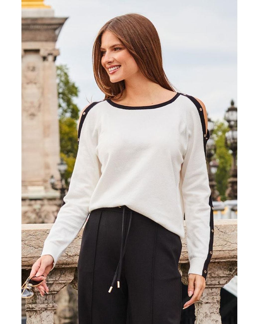Sosandar White Ivory Eyelet Detail Contrast Sleeve Fine Knit Jumper