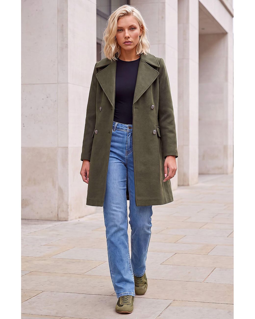 Roman Green Petite Collar Double Breasted Coat