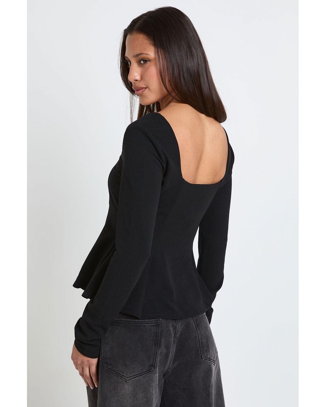 Boohoo Black Scoop Neck Long Sleeve Peplum Top