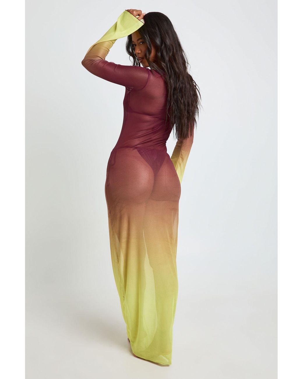 Boohoo Blue Ombre Cut Out Sheer Mesh Long Sleeve Beach Maxi Dress