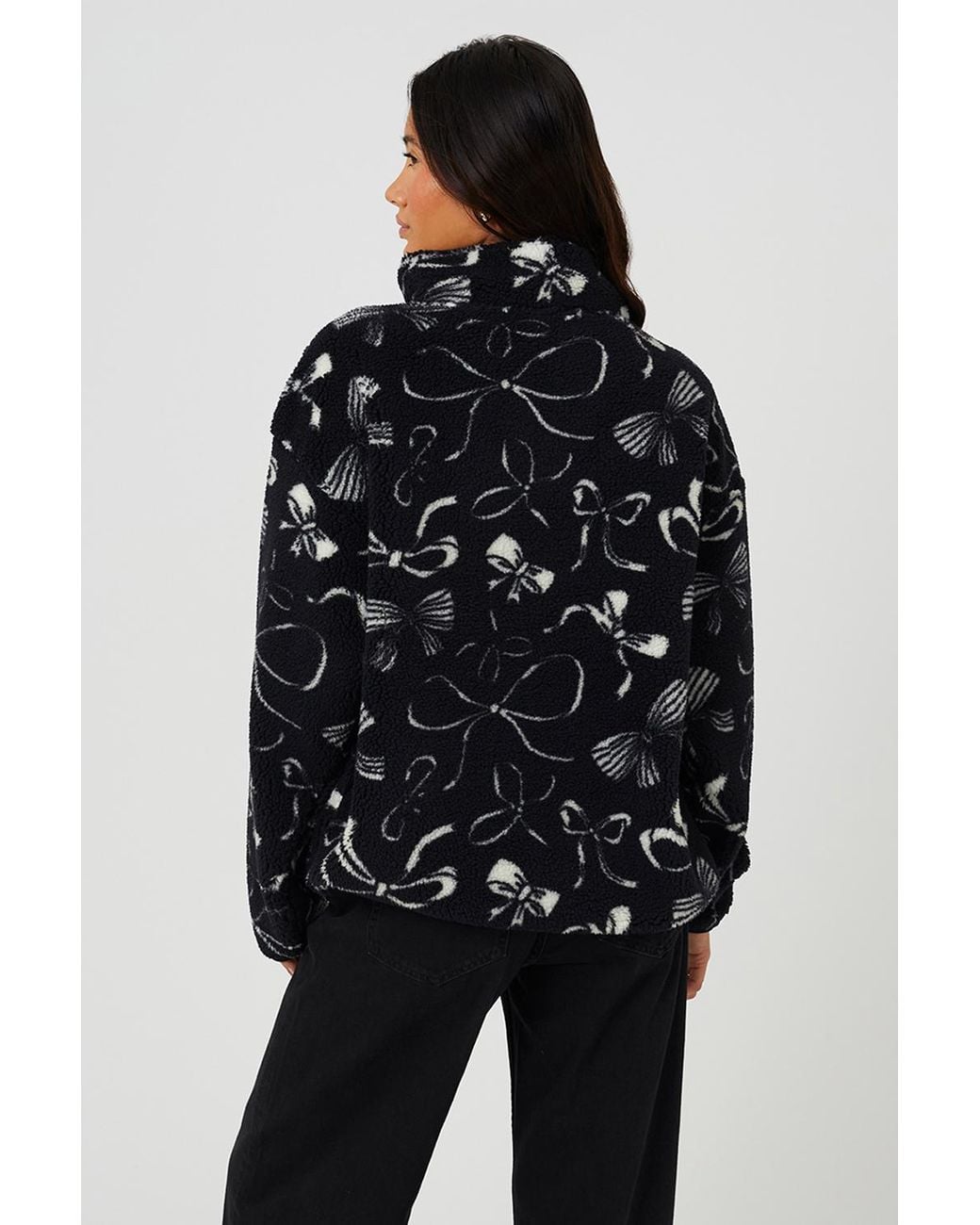 Brave Soul Black Bow Print Sherpa Fleece Sweatshirt