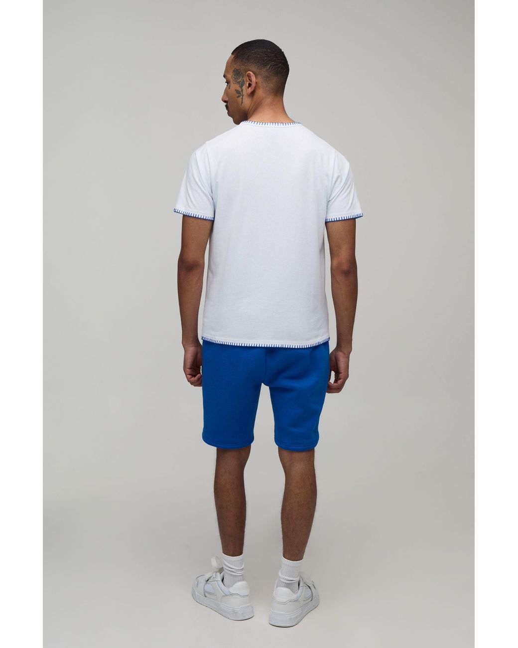 BoohooMAN White Contrast Blanket Stitch Slim Fit T-Shirt & Regular Fit Short Set for men