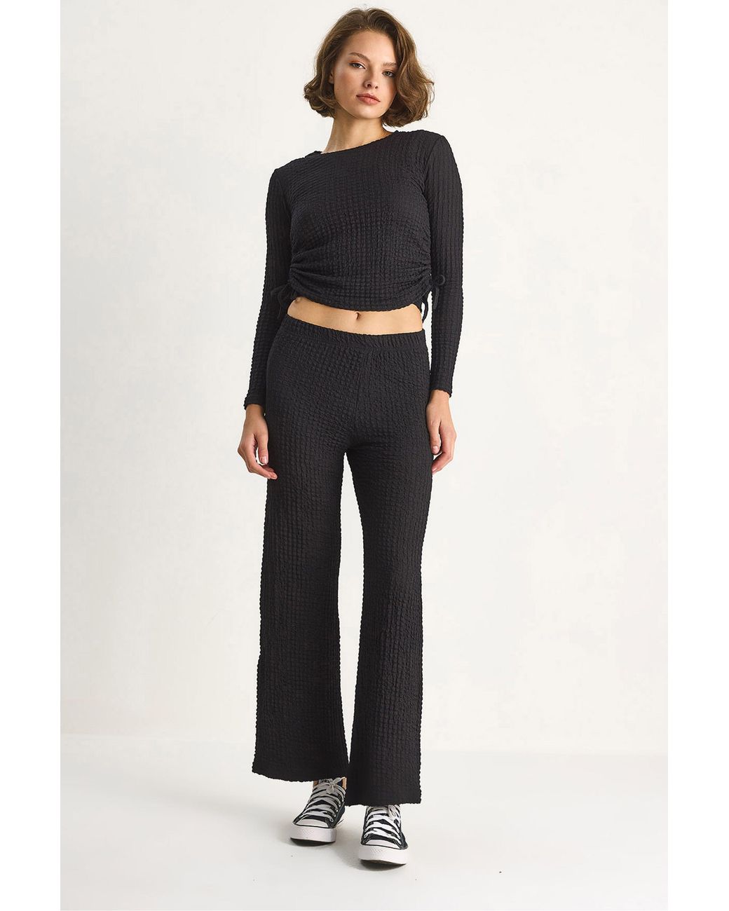 Bianco Lucci Black Fitted Two-Piece Coord Set With Flared Pants