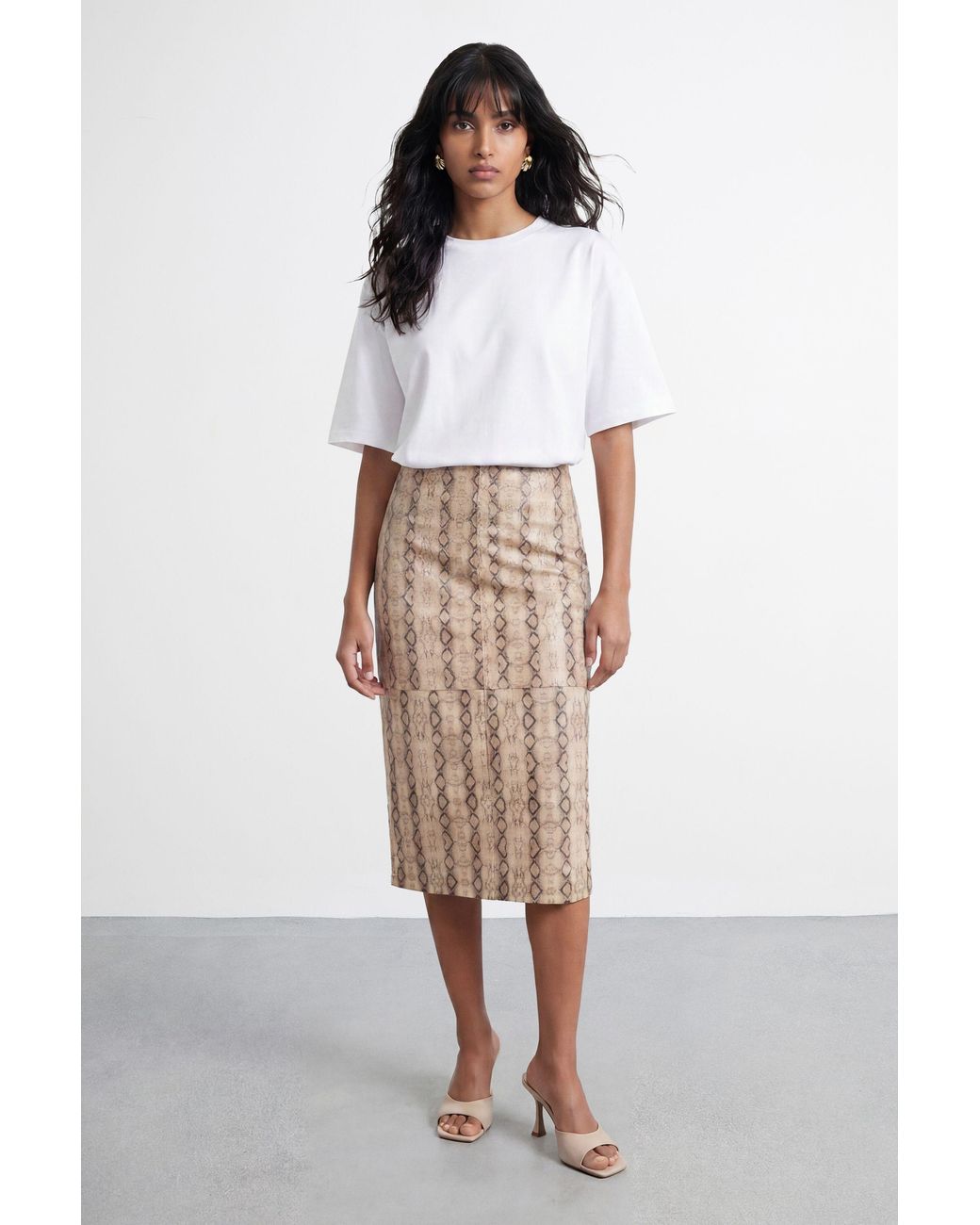 Warehouse Natural Snake Print Faux Leather Midi Skirt