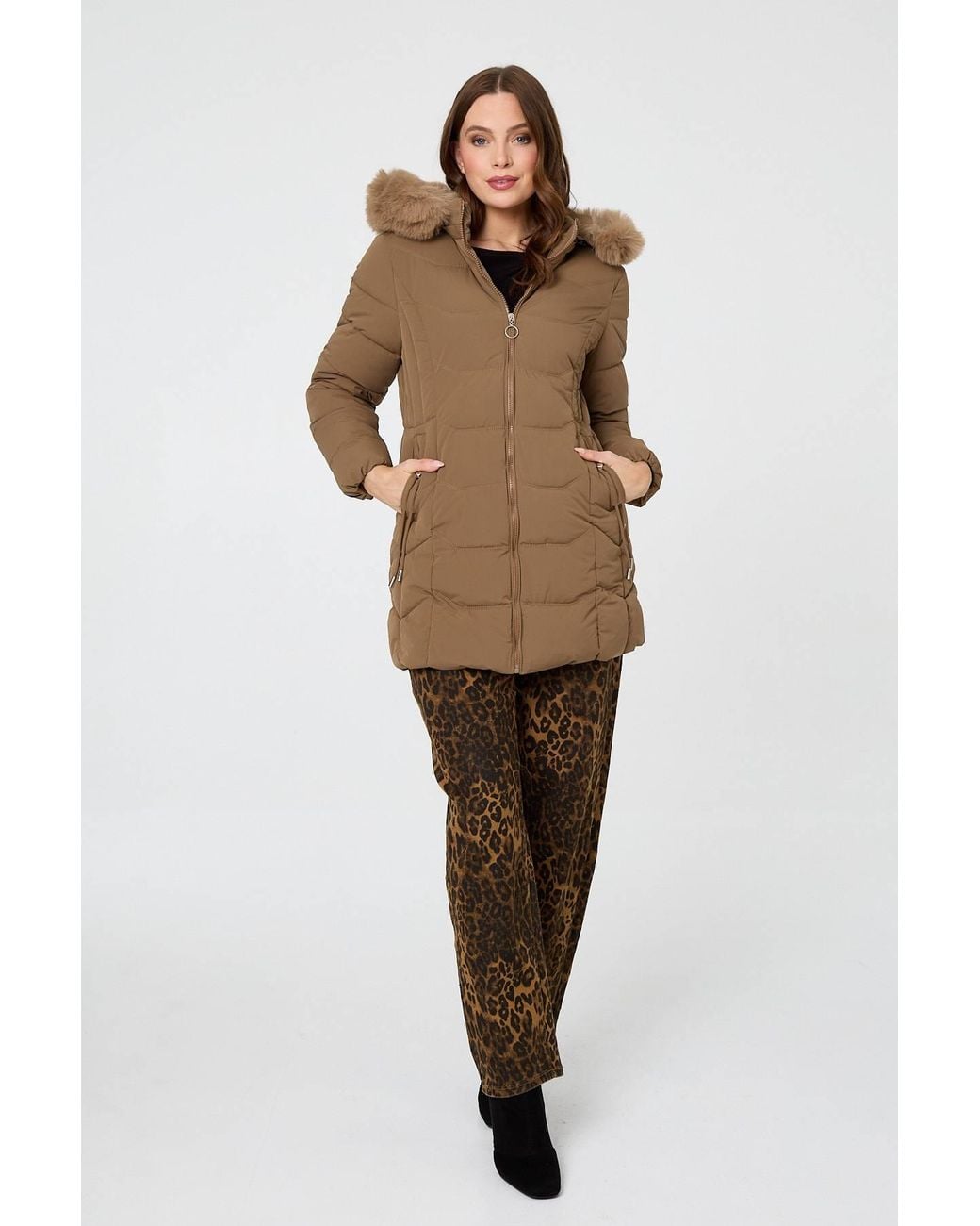 Izabel London Brown Hooded Faux Fur Trim Zip Puffer Jacket