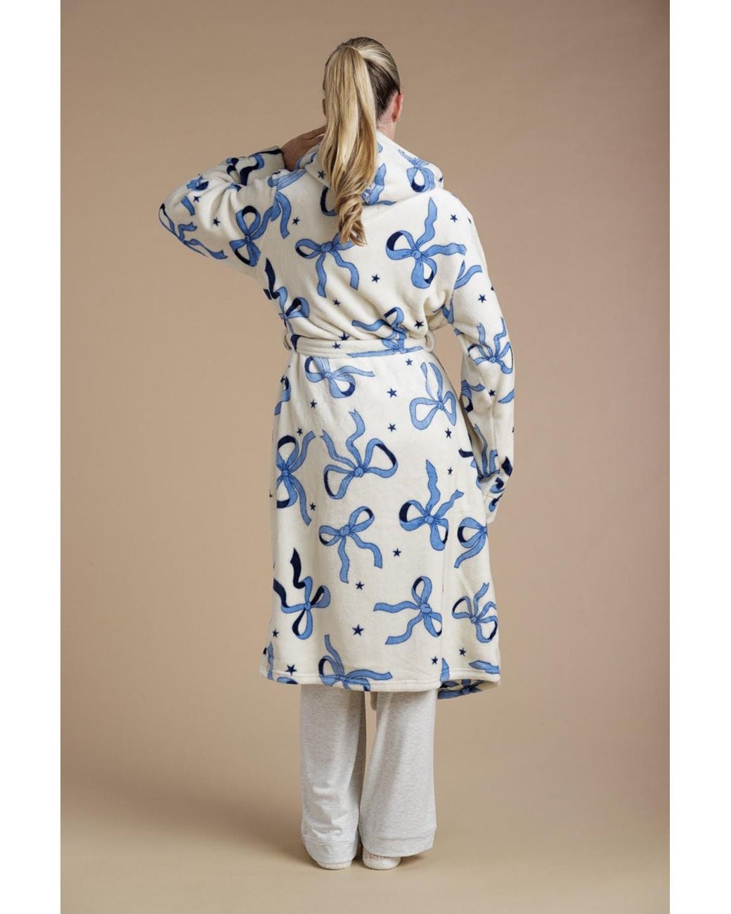 Tokyo Laundry Blue Bow Print Fluffy Hooded Dressing Gown