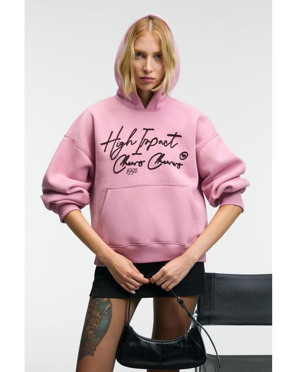 Grimelange Pink Oversized Hooded Printed Sweatshirt