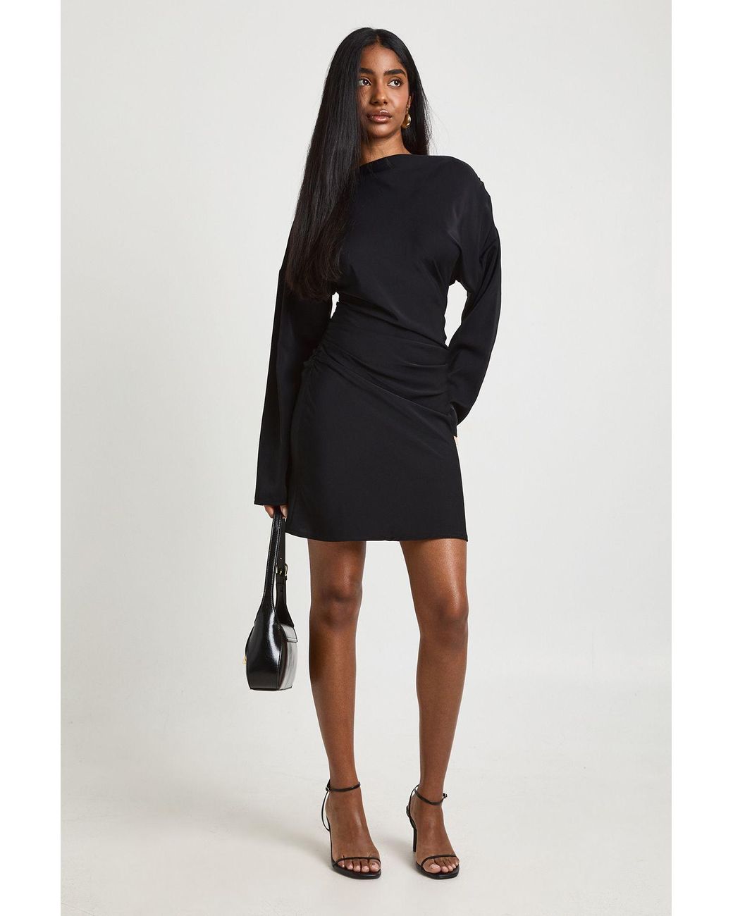 Boohoo Black Slash Neck Ruched Side Woven Mini Dress