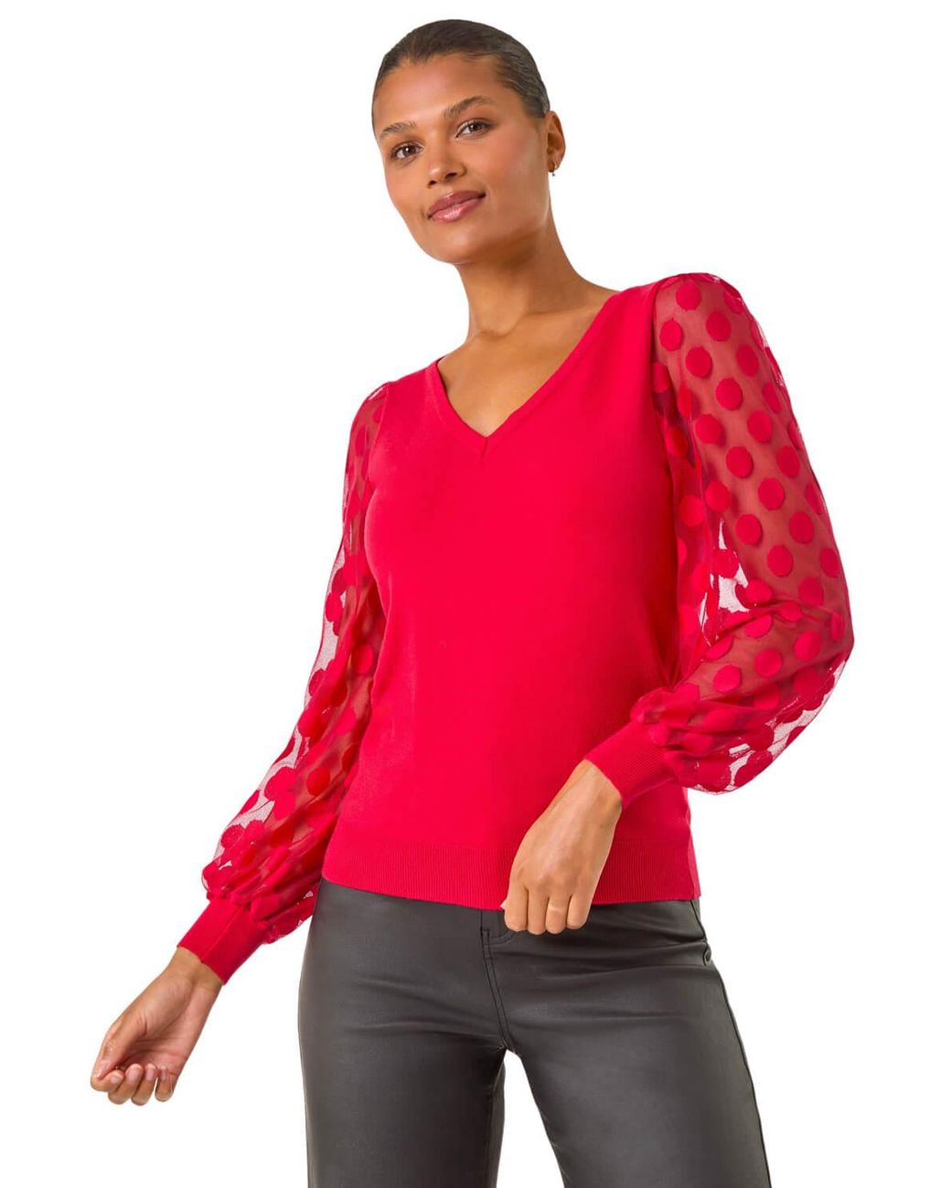 Roman Red Polka Dot V-Neck Sleeve Knit Jumper