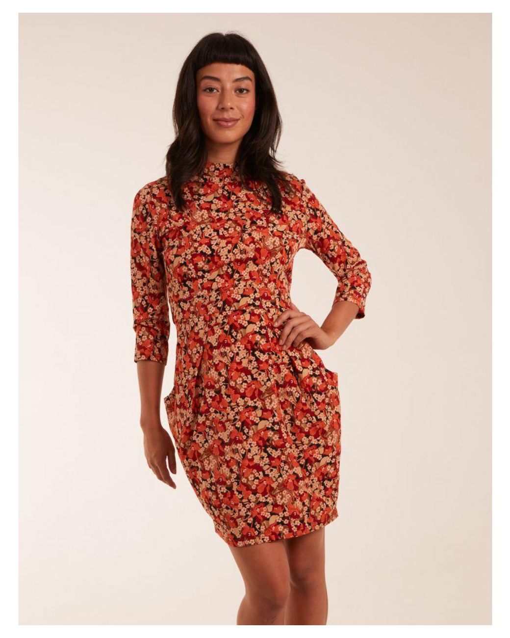 Blue Vanilla Red High Neck 3/4 Sleeve Dress With Belt