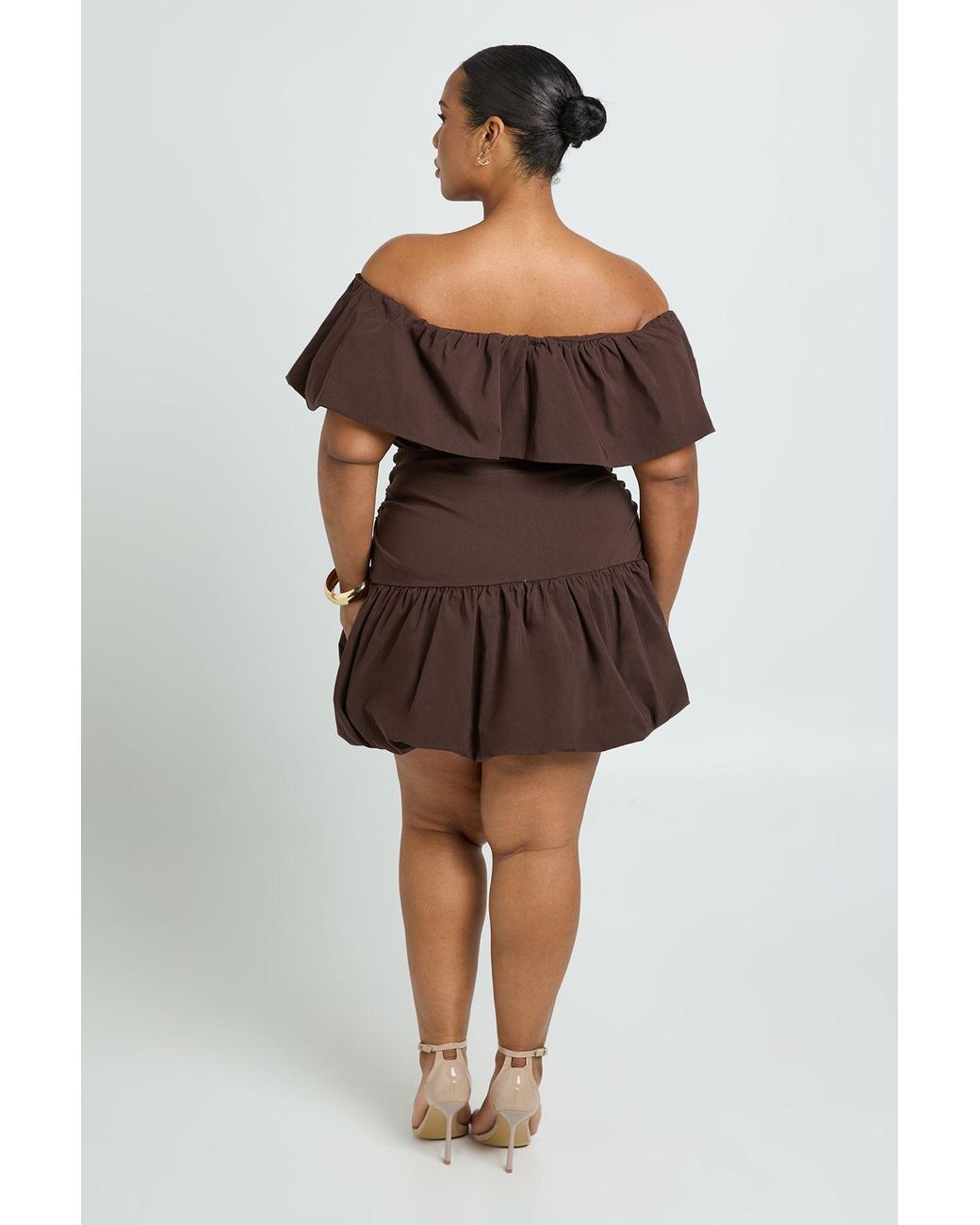 Boohoo Brown Plus Puff Ball Bardot Mini Dress