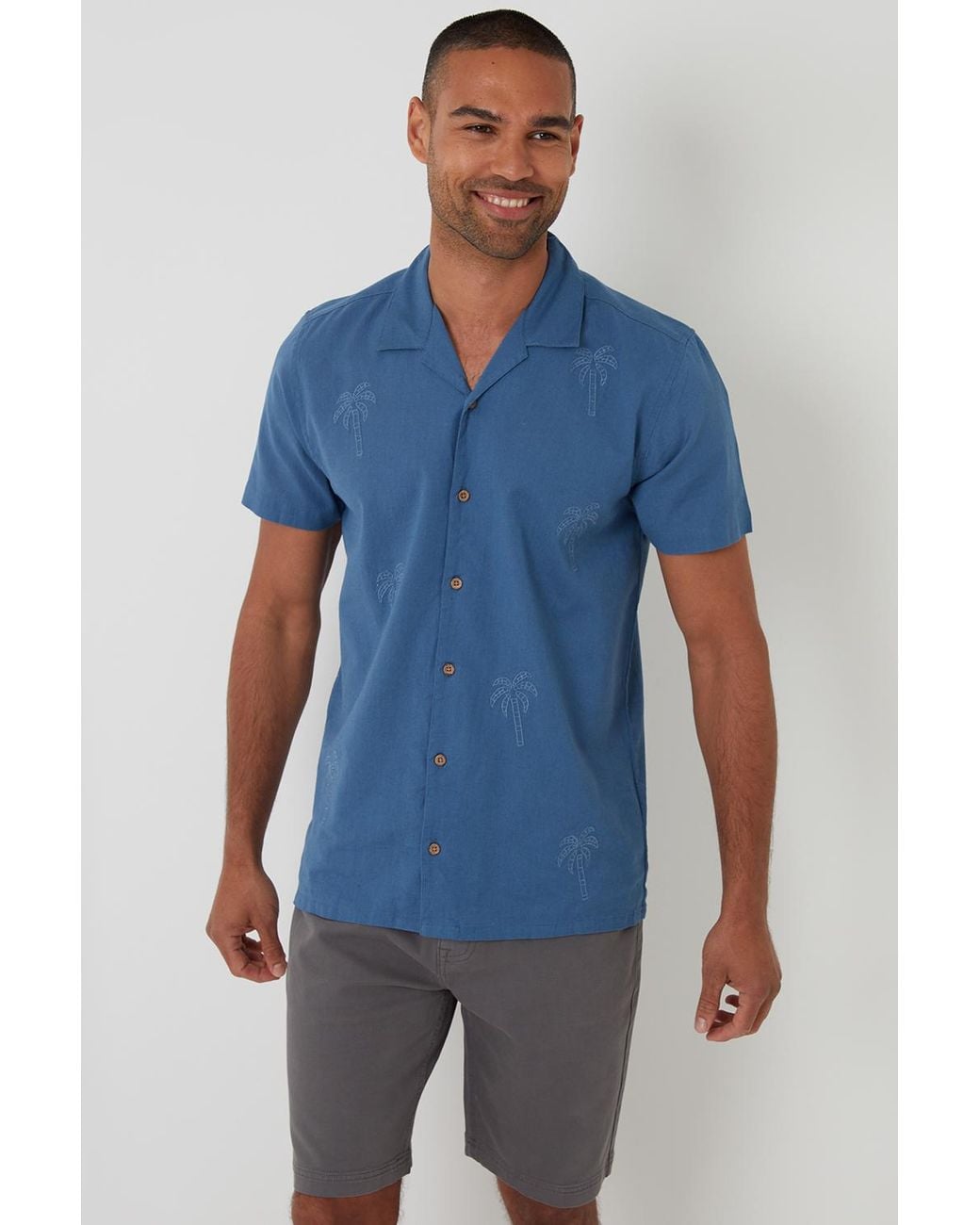 Threadbare Blue Linen Blend Palm Embroidered Short Sleeve Shirt for men