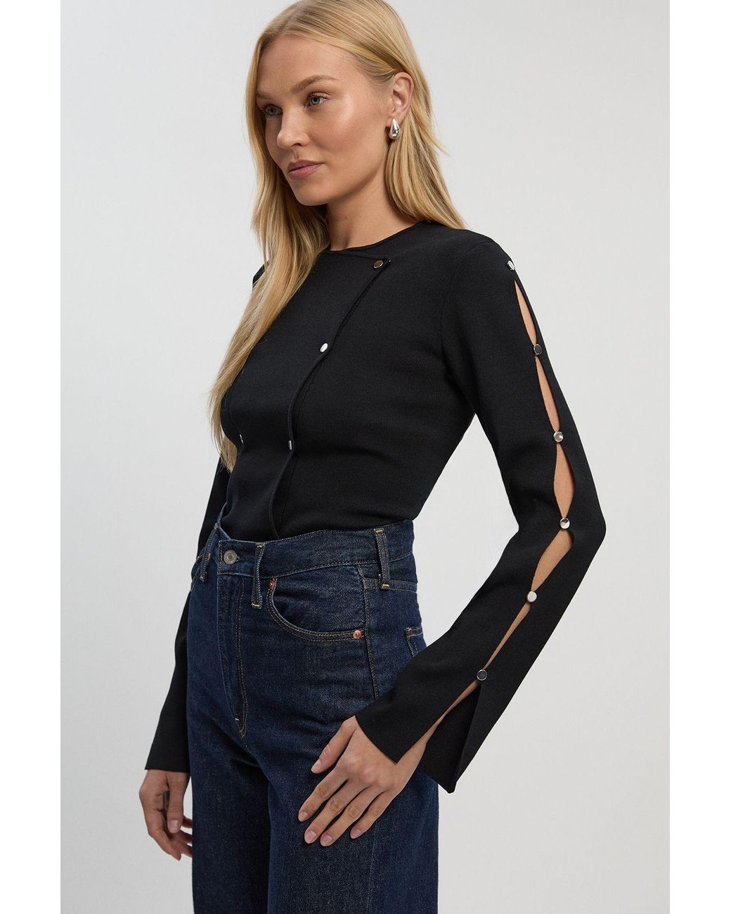Karen Millen Blue Viscose Blend Stud Detail Long Sleeve Knit Top