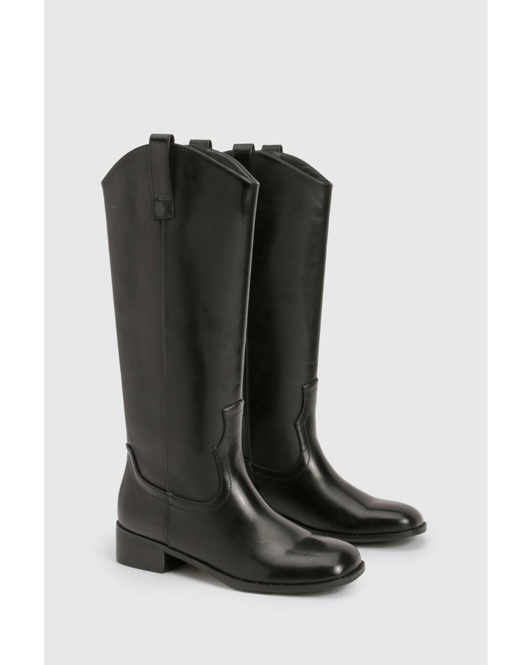 Boohoo Black Clean Western Distressed Block Heel Cowboy Boots
