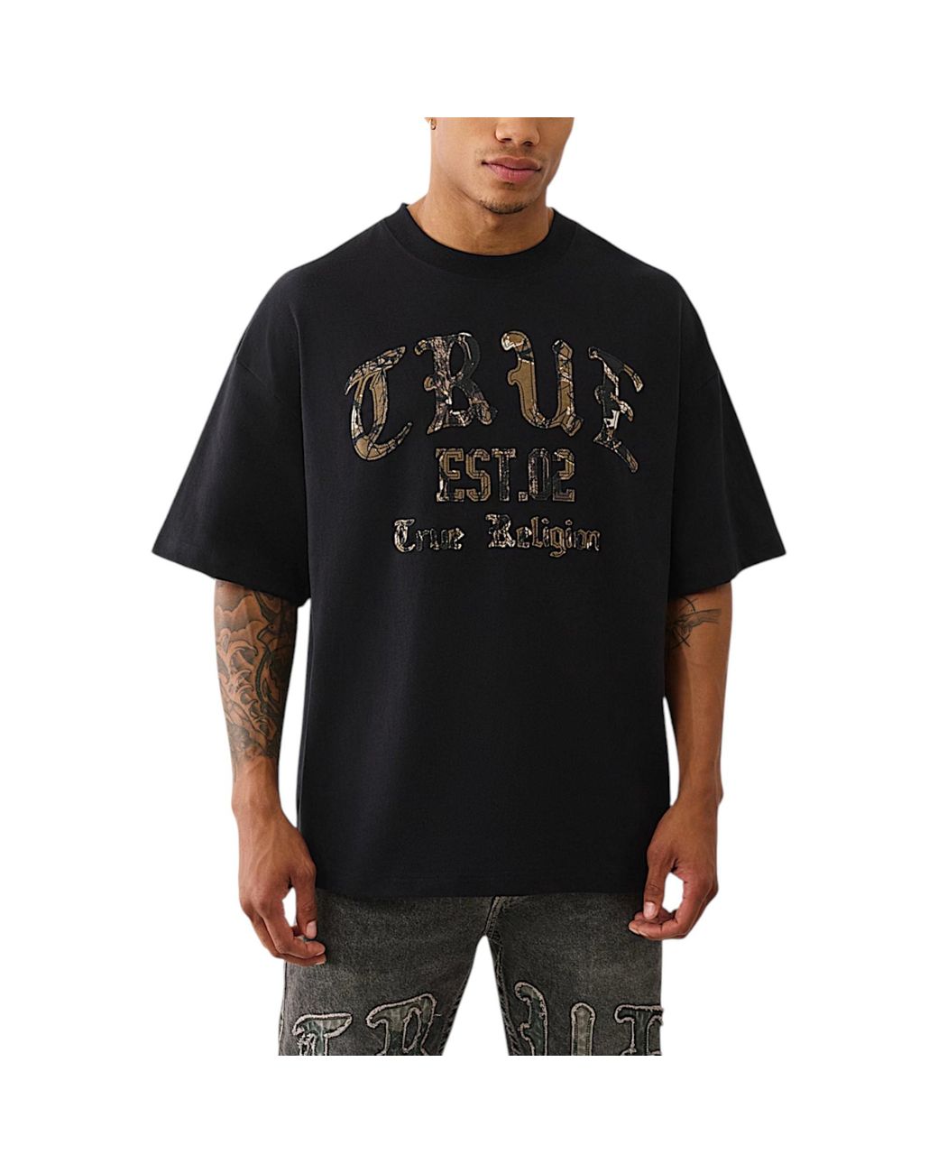 True Religion Black Oversized T Shirts Drop Shoulder Tee for men