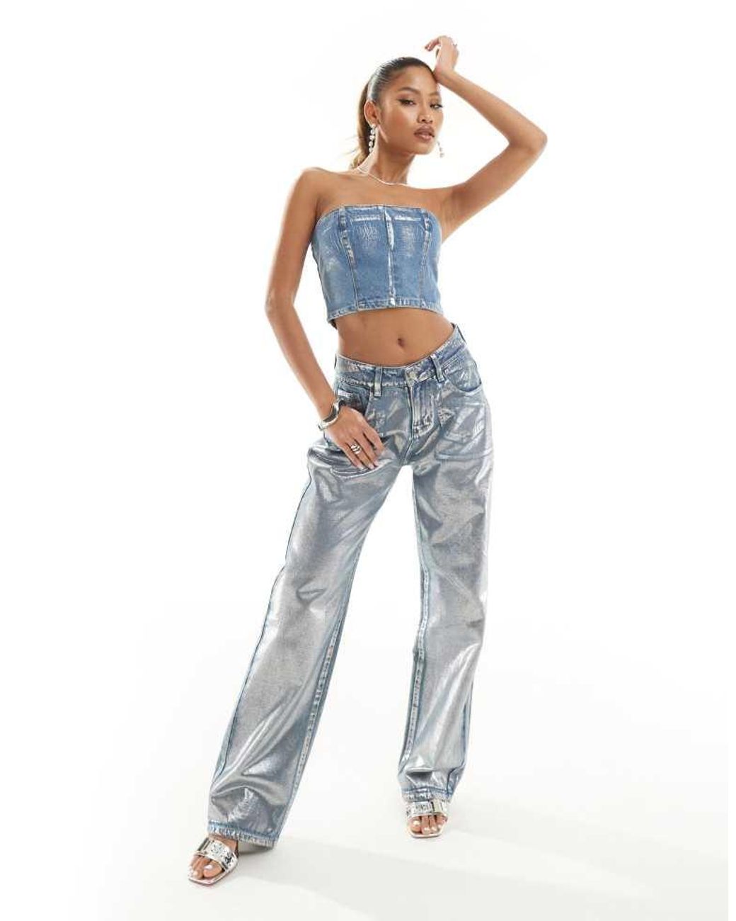 SIMMI Blue Metallic Denim Bandeau Corset Top Co-Ord