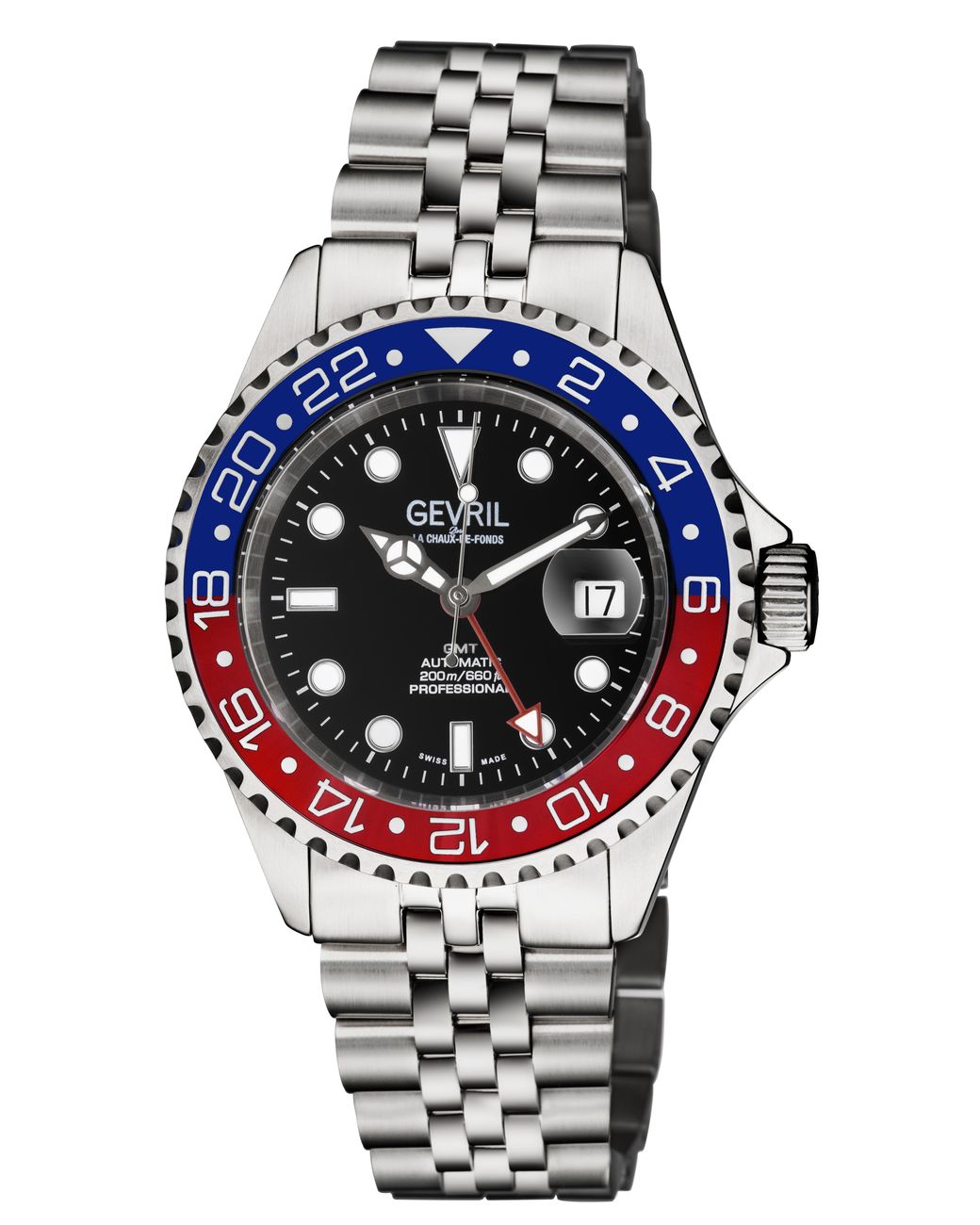 Gevril Metallic Wall Street 4952B Swiss Automatic Gmt, Sw330 Movement Date Luminous Stainless Steel Watch for men