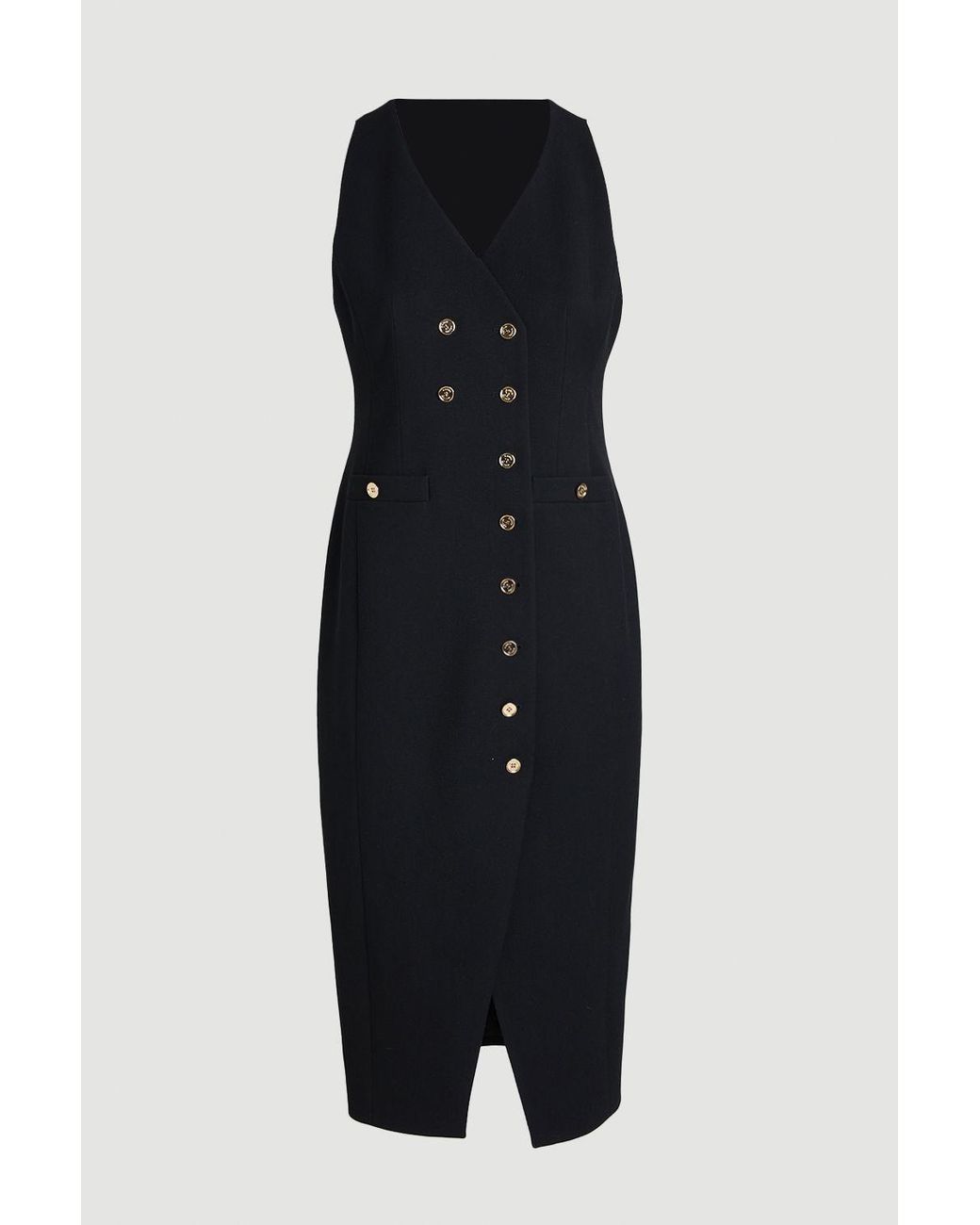 Karen Millen Black Plus Size Textured Compact Stretch V Neck Button Detail Midi Dress