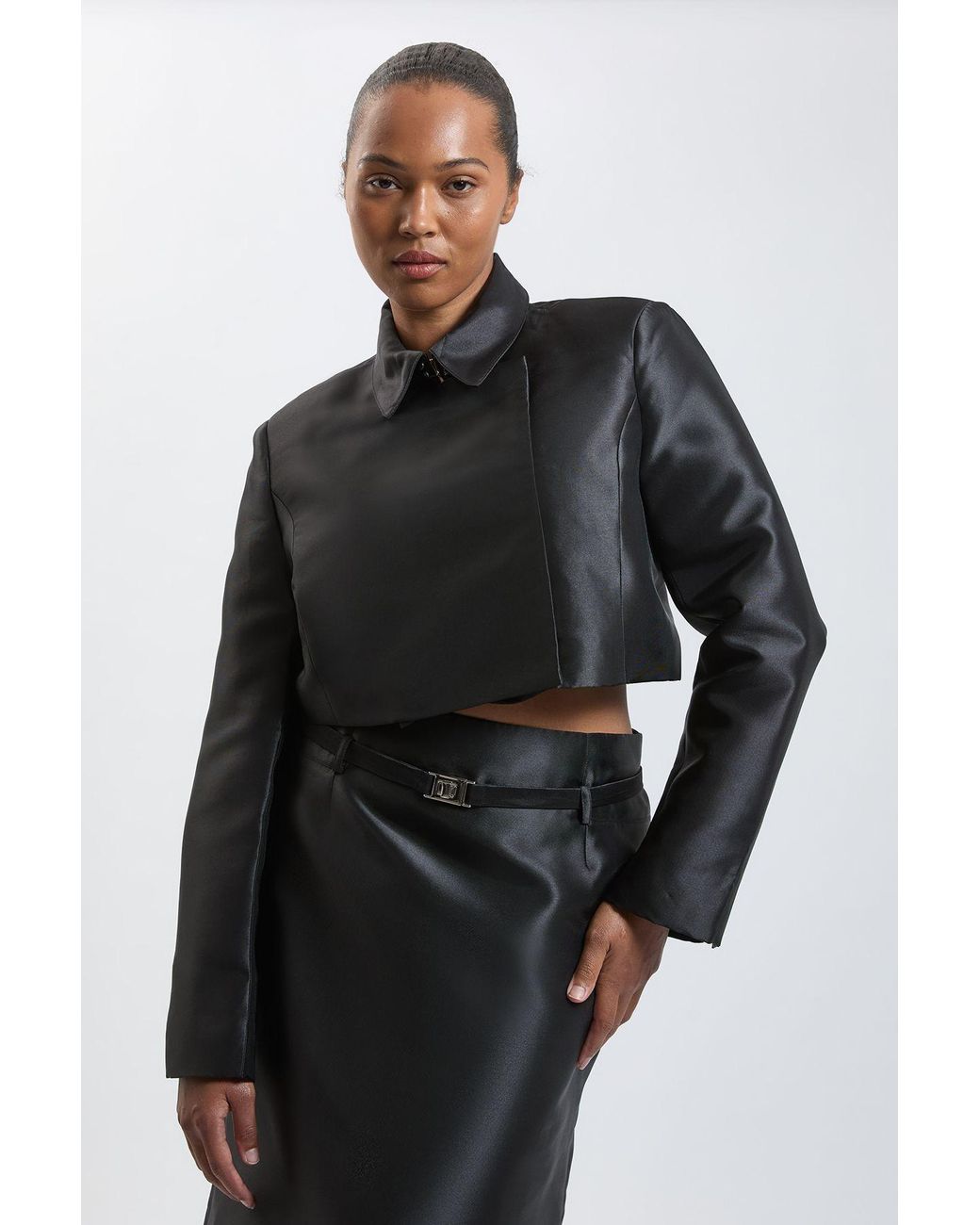 Karen Millen Black Plus Size Forever Satin Twill Cropped Wrap Tailored Jacket