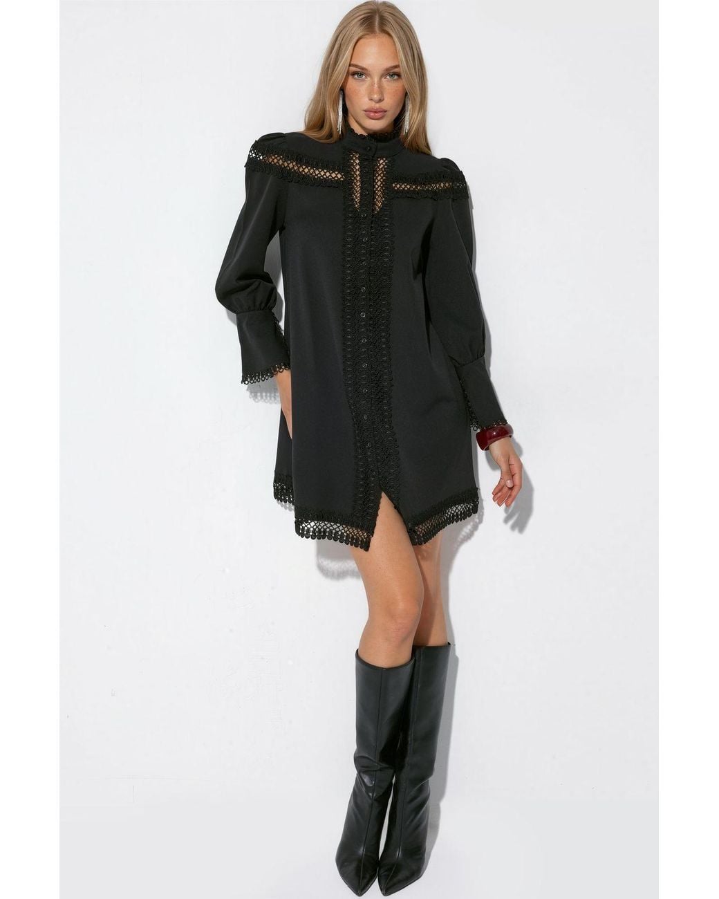 Msn-Collection Black Mini Lace Dress With Mandarin Collar