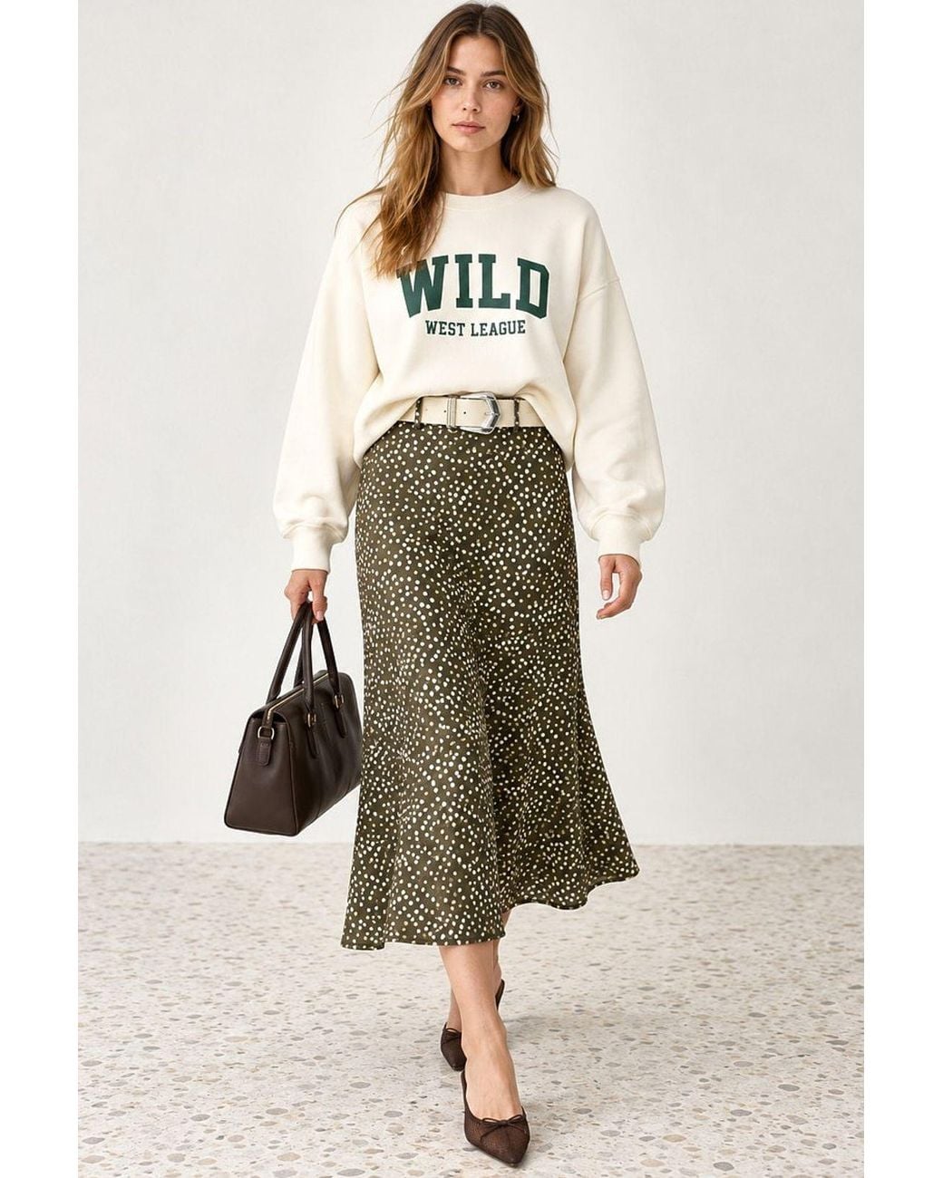 Hiccup Natural Polka Dot Belted Satin Midi Skirt