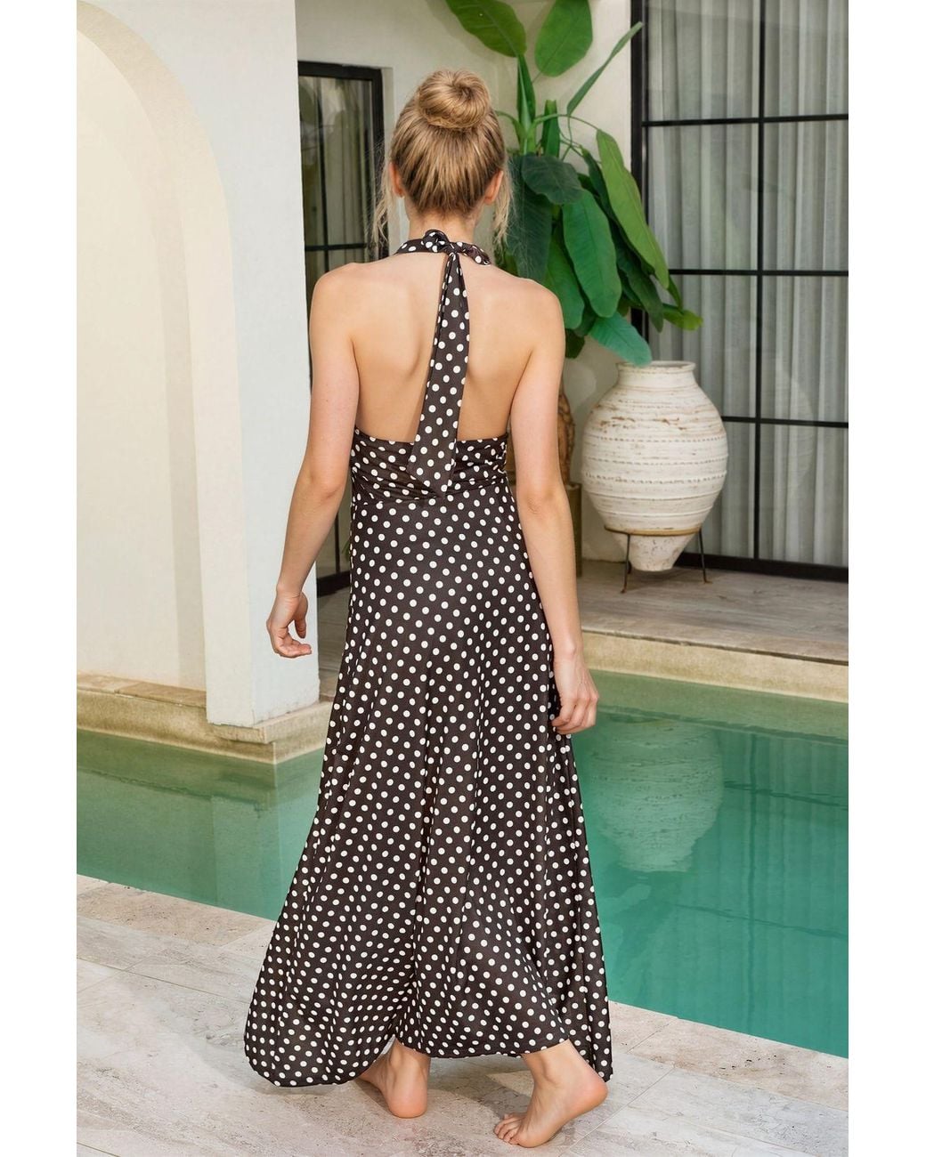 Hiccup Brown Polka Dot Midi Dress With Halter Collar