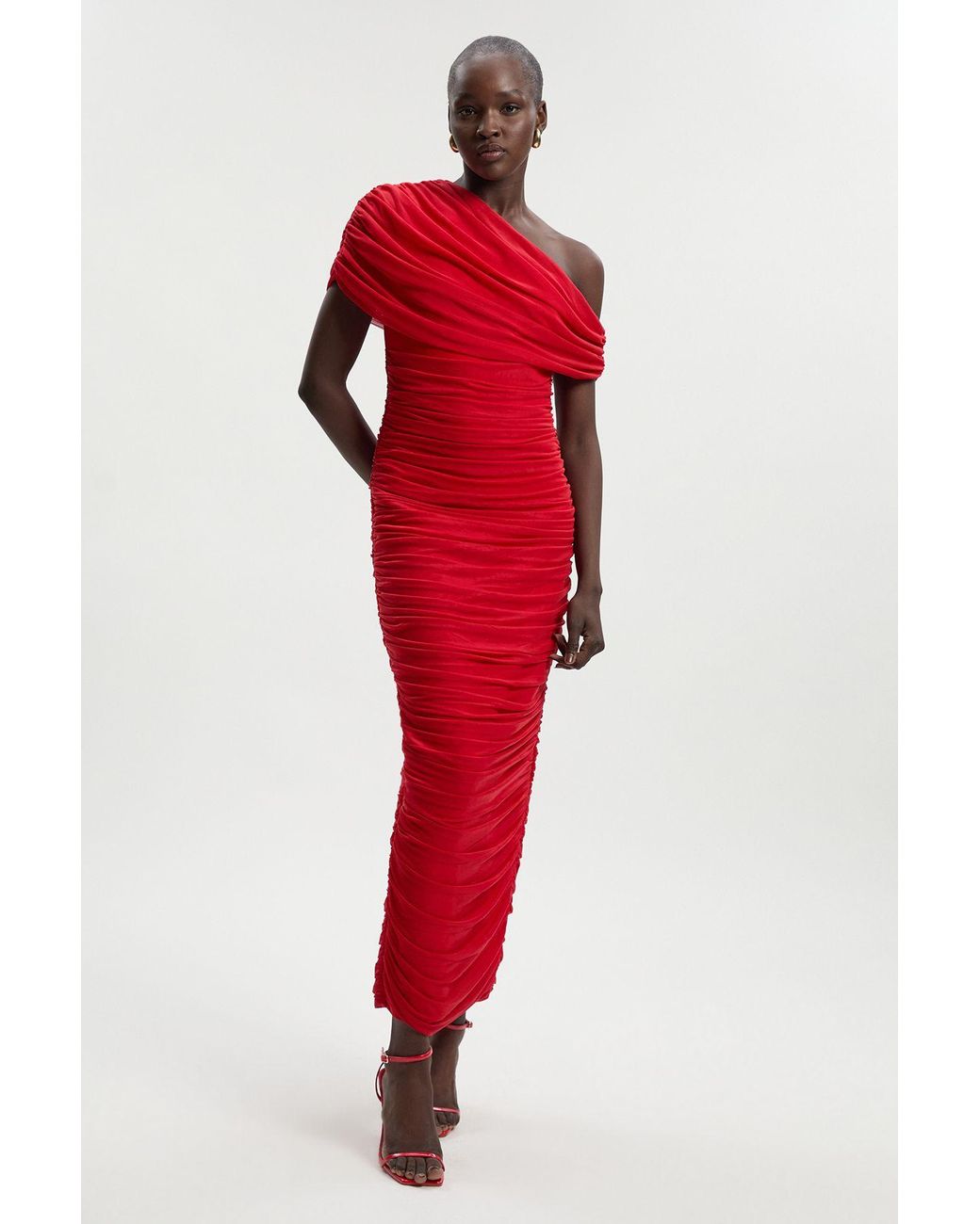 Karen Millen Bandage Mesh Gathered Asymmetric Neck Knitted Maxi Dress