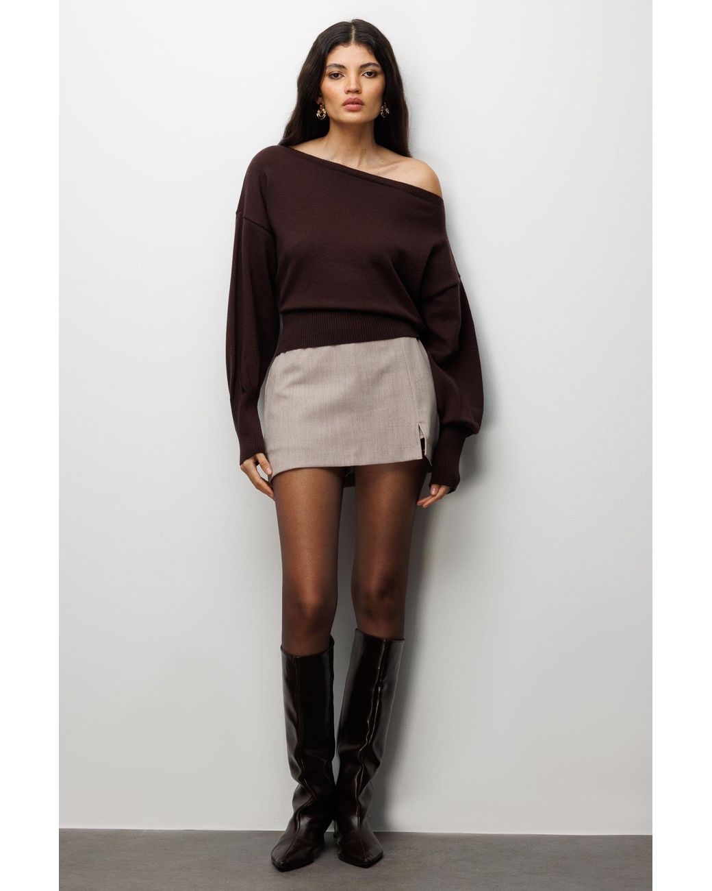 MixRay Black Boat Neck Balloon Sleeve Relaxed Fit Knit Sweater