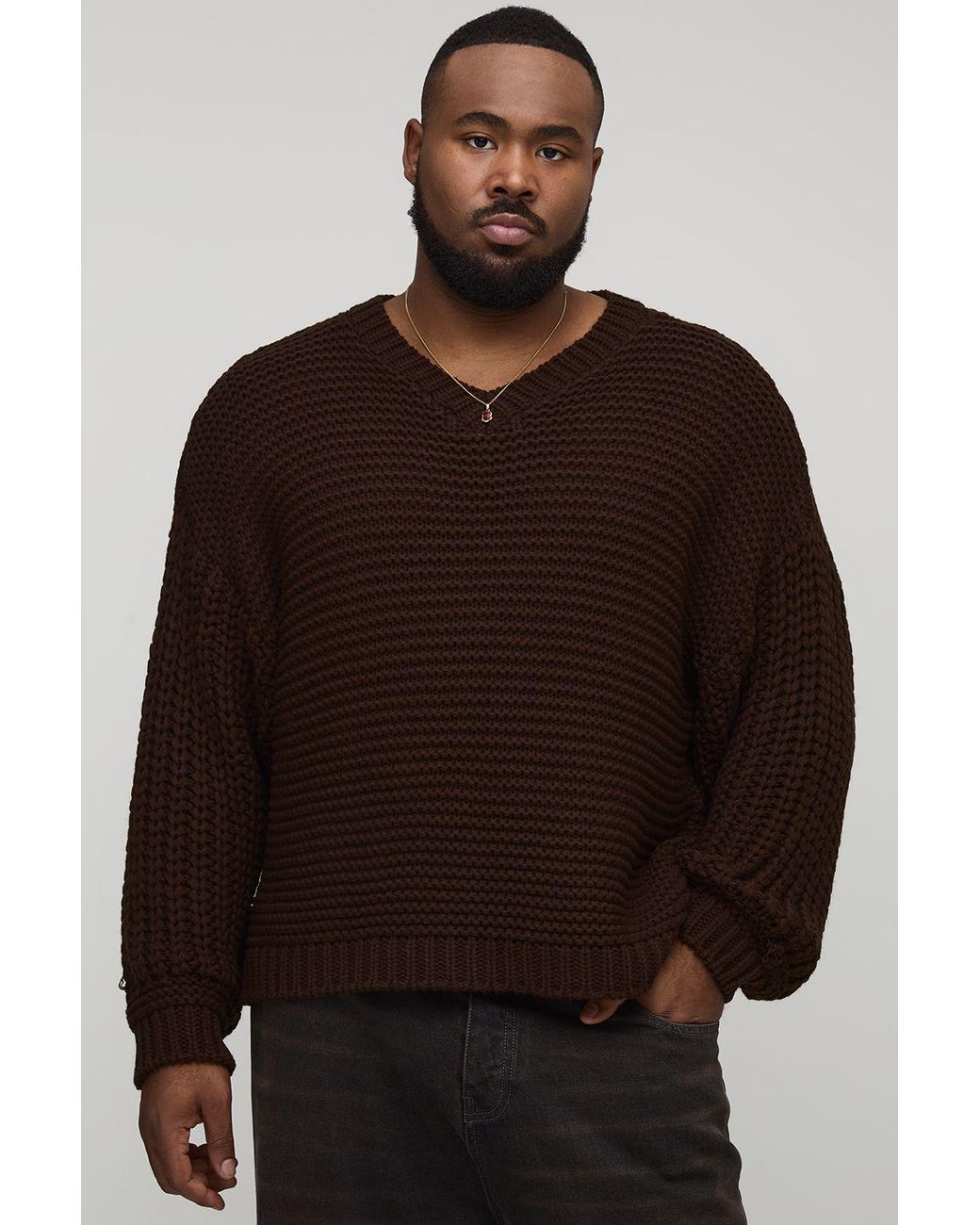 BoohooMAN Brown Plus Chunky Knit Oversized V Neck Jumper for men