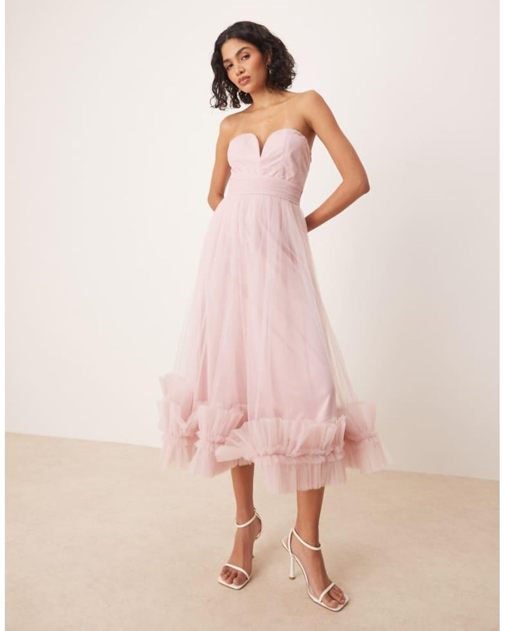 LACE & BEADS Pink Corset Tulle Ruffle Hem Midaxi Dress