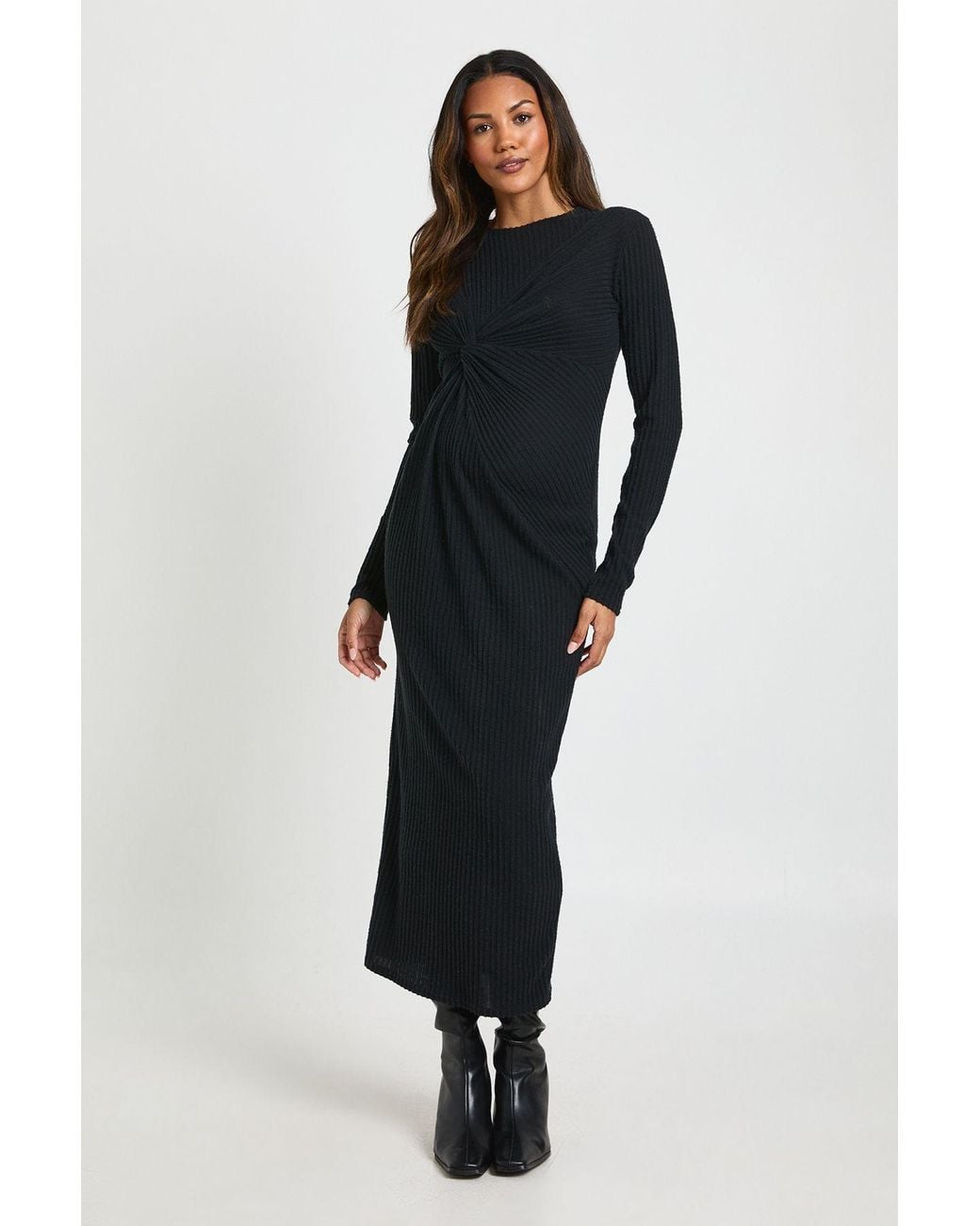 Boohoo Black Maternity Soft Rib Twist Detail Midaxi Dress
