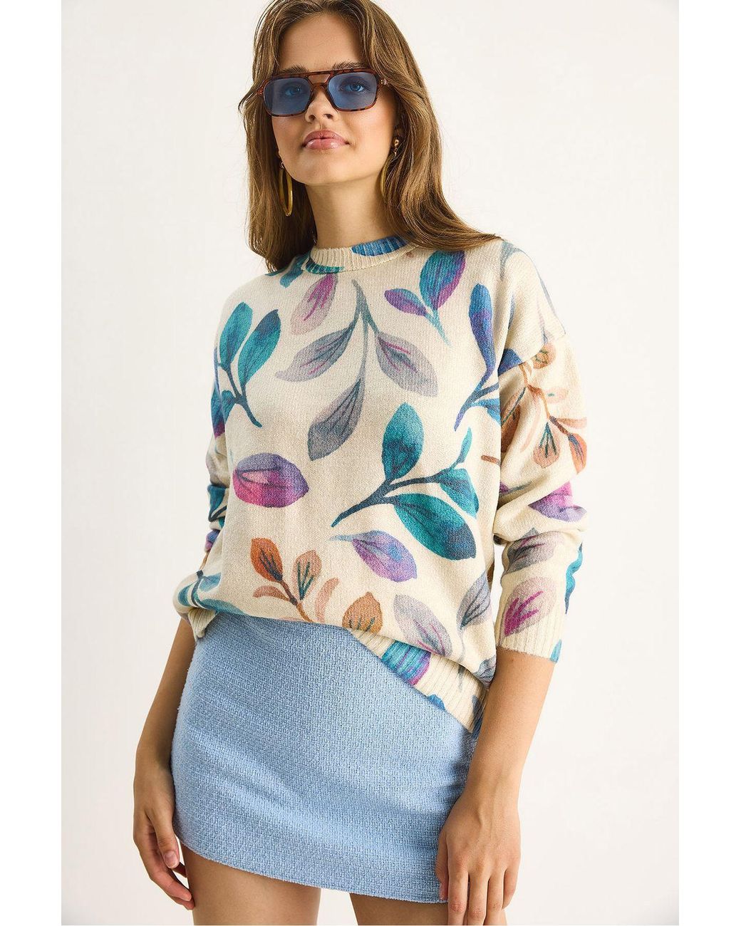 Bianco Lucci Blue Pattern Knit Sweater With Crew Neck