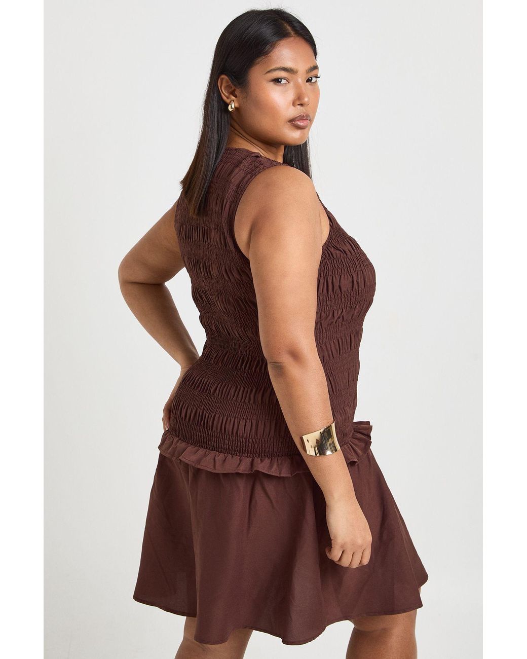 Boohoo Brown Plus Shirred Racer Neck Skater Dress