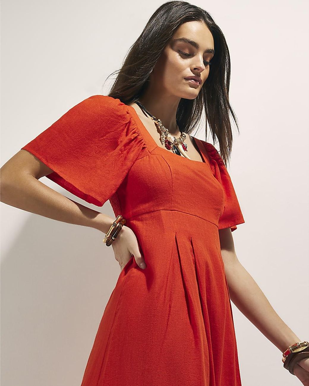 River Island Midi Dress Linen Blend Shirred